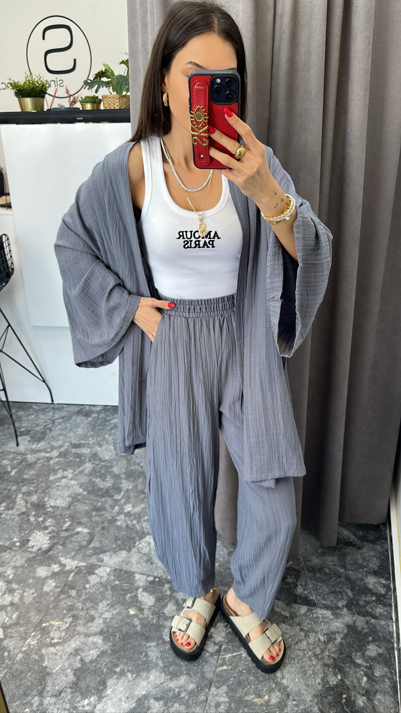 Gri gofre kumaş kimono şalvar takım
