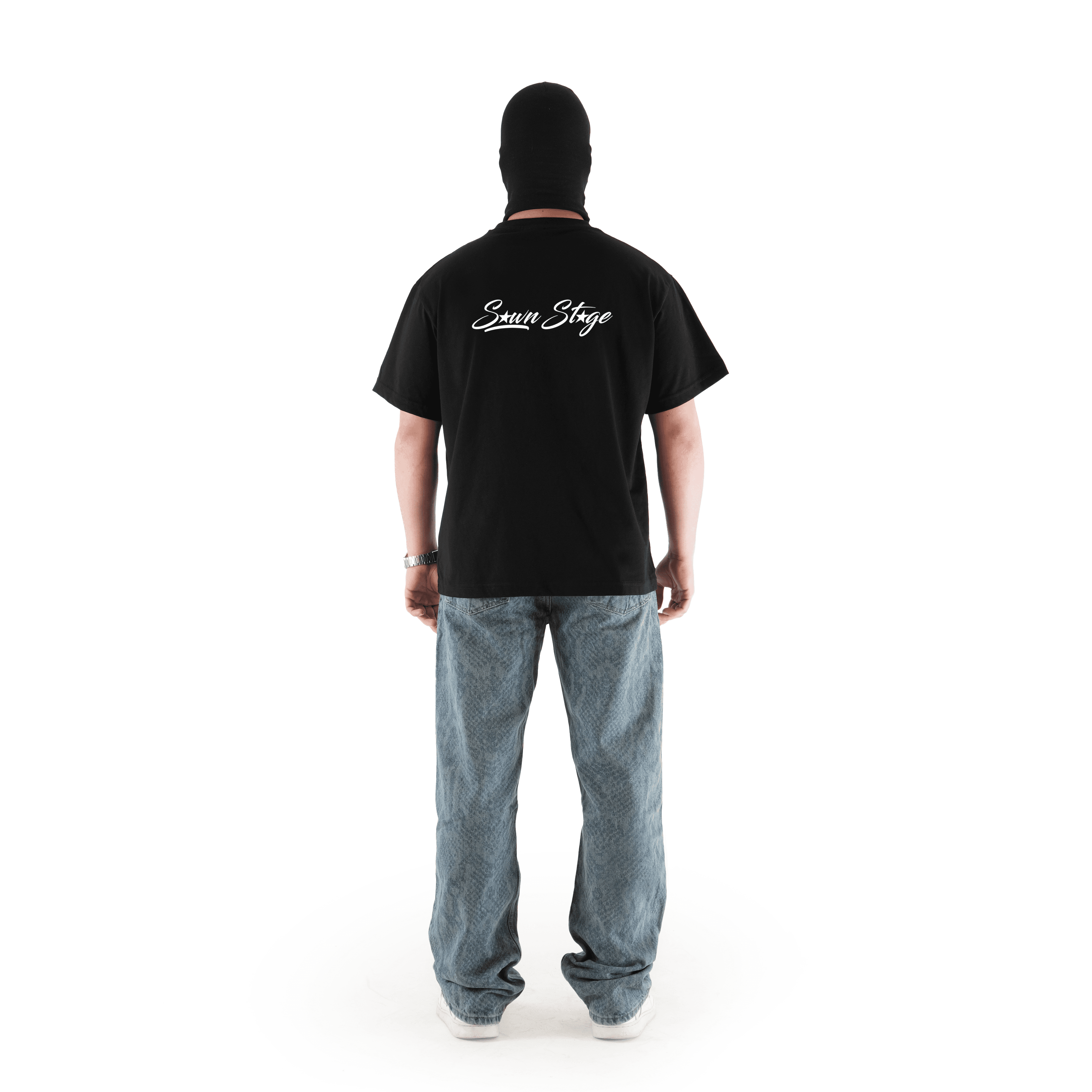 "SEWN STAGE" Sırt Baskılı Oversize Siyah Tişört