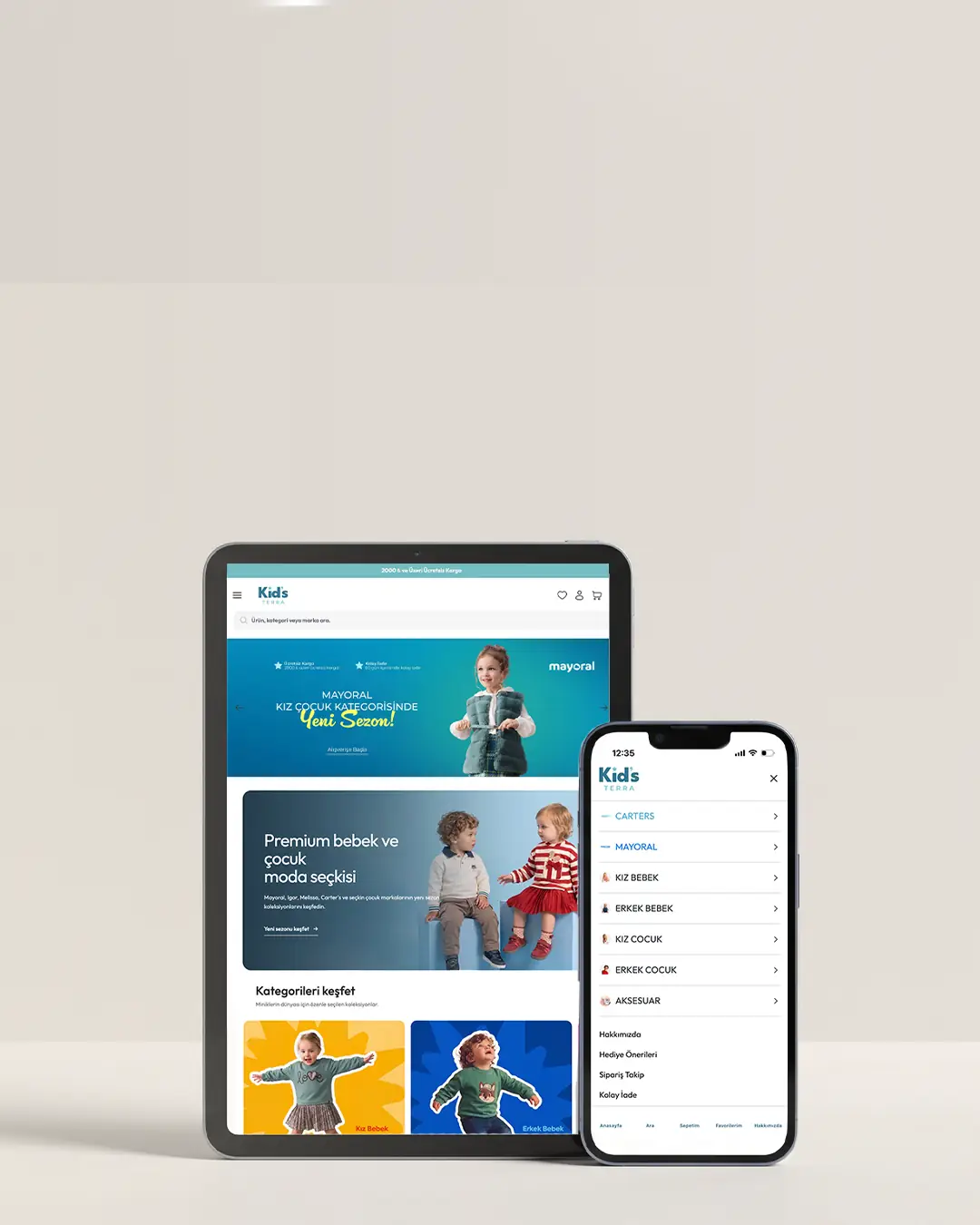 Kids Terra mobil uygulaması tablet ve telefon görünümü