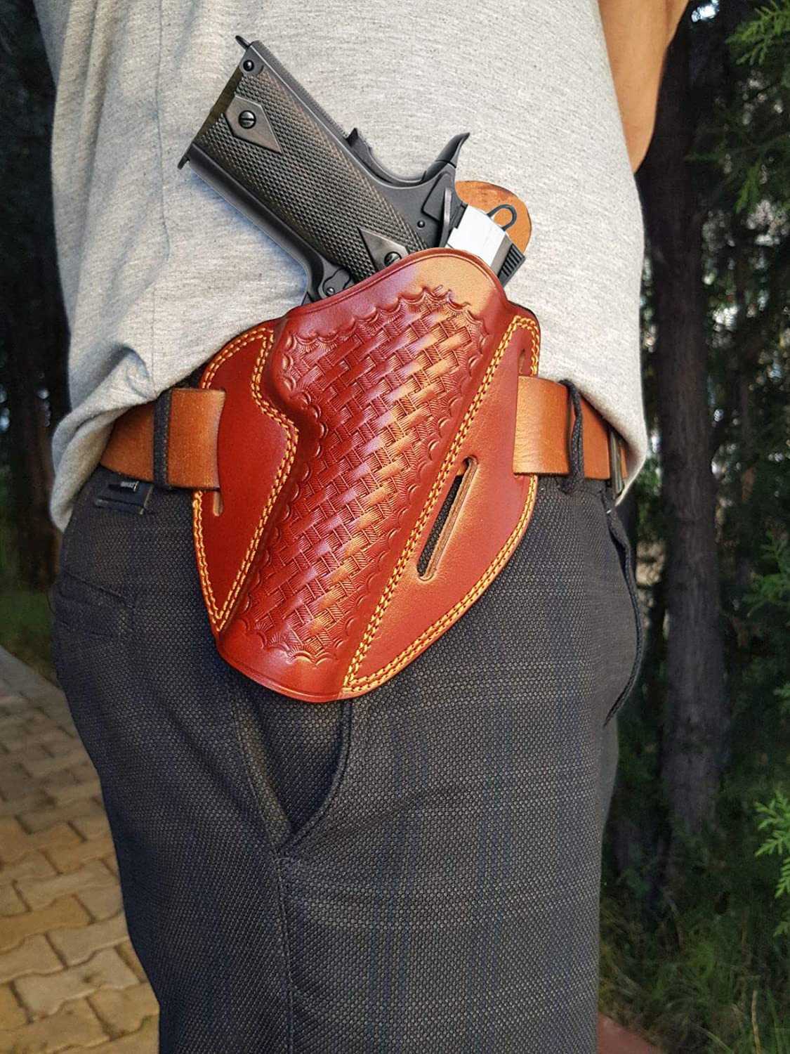 OWB Holster | Fits Most 1911 5' Style Handguns | Colt, para, Kimber, S&W, Sig Sauer, Browning HP and More (Basketweave)