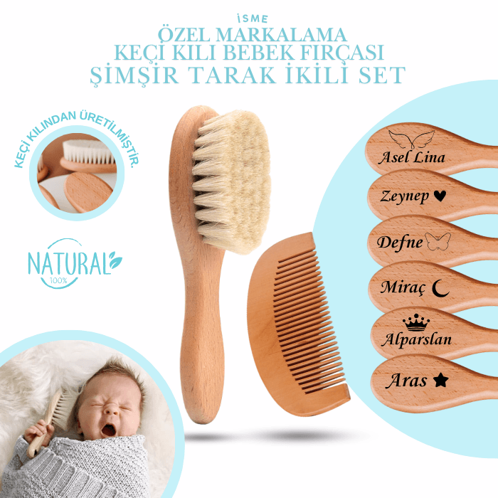 Bebeğinizin İsmine Özel Lazer Markalama Keçi Kılı Bebek Fırçası ve Şimşir Tarak İkili Set