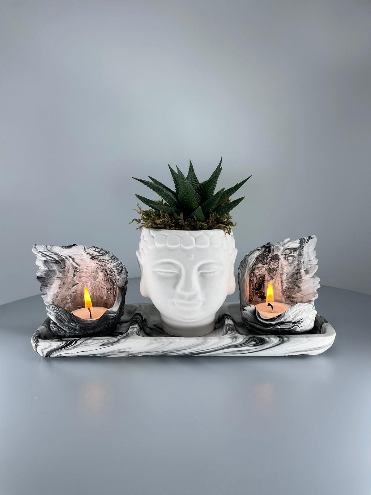 Siyah Mermer Efektli Kanatlı Buda Set