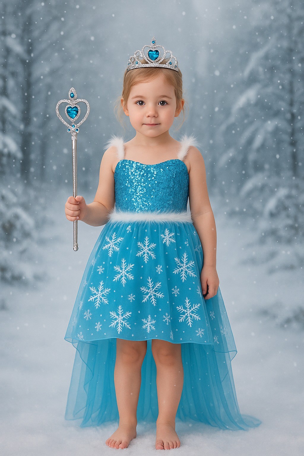 Karlar Ülkesi Frozen Elsa Kostüm Kız Çocuk Ön Kısa Arka Uzun Kuyruklu Prenses Elbise