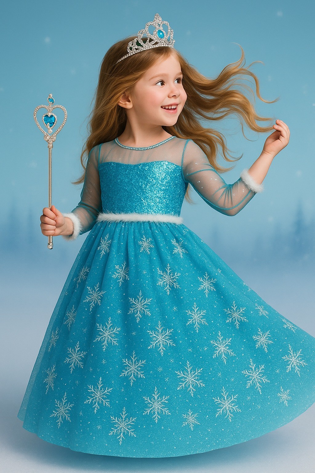 Elsa Kostüm Seti Uzun Kollu Mavi Frozen Elbise + Taç + Asa | Kız Çocuk Karlar Ülkesi Kostümü