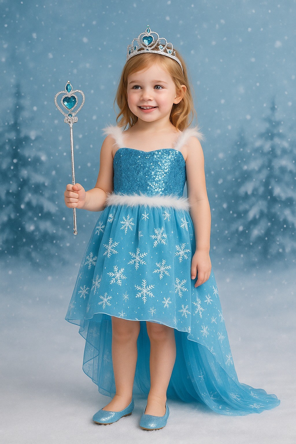 Karlar Ülkesi Frozen Elsa Kostüm Kız Çocuk Ön Kısa Arka Uzun Kuyruklu Prenses Elbise