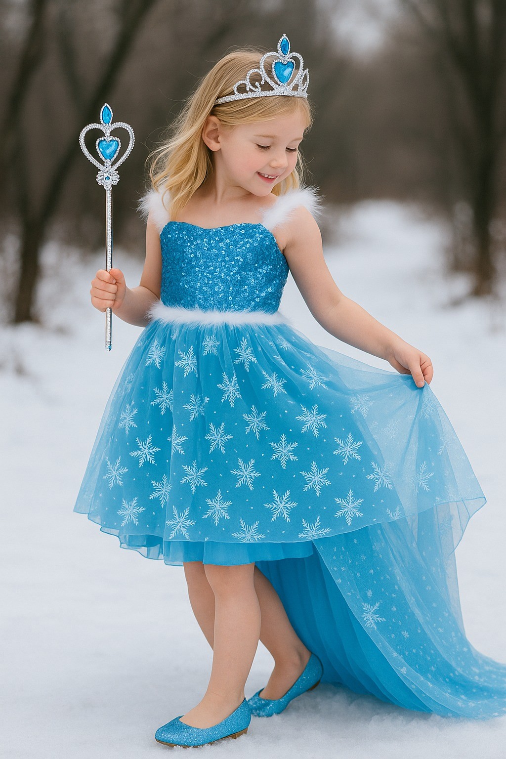 Karlar Ülkesi Frozen Elsa Kostüm Kız Çocuk Ön Kısa Arka Uzun Kuyruklu Prenses Elbise