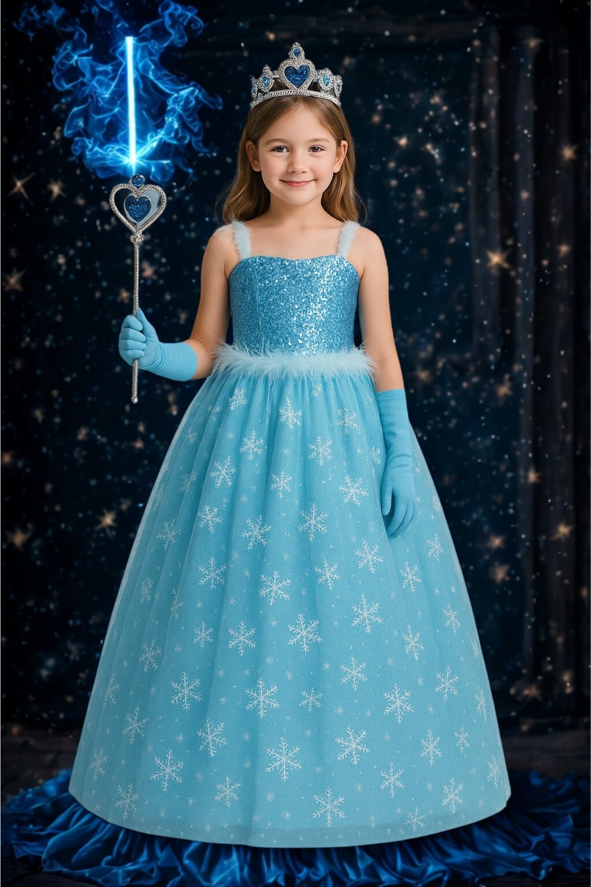 Karlar Ülkesi Frozen Elsa Askılı Kostüm Mavi Kız Çocuk Tarlatanlı Pulpayet Elbise
