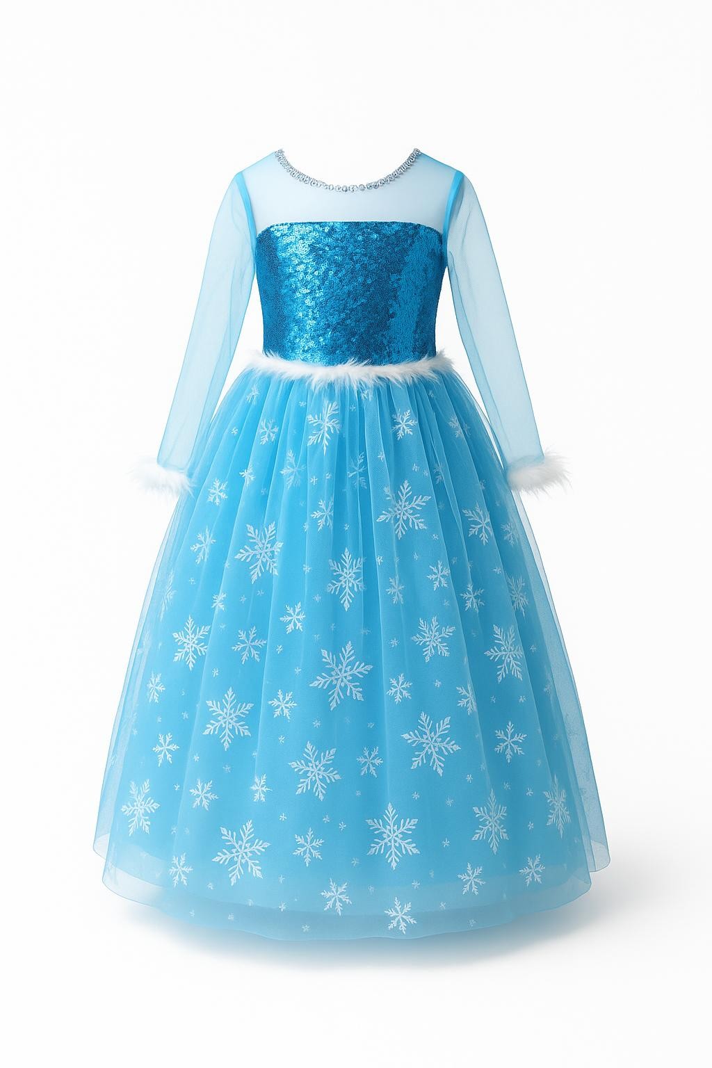 Elsa Kostüm Seti Uzun Kollu Mavi Frozen Elbise + Taç + Asa | Kız Çocuk Karlar Ülkesi Kostümü
