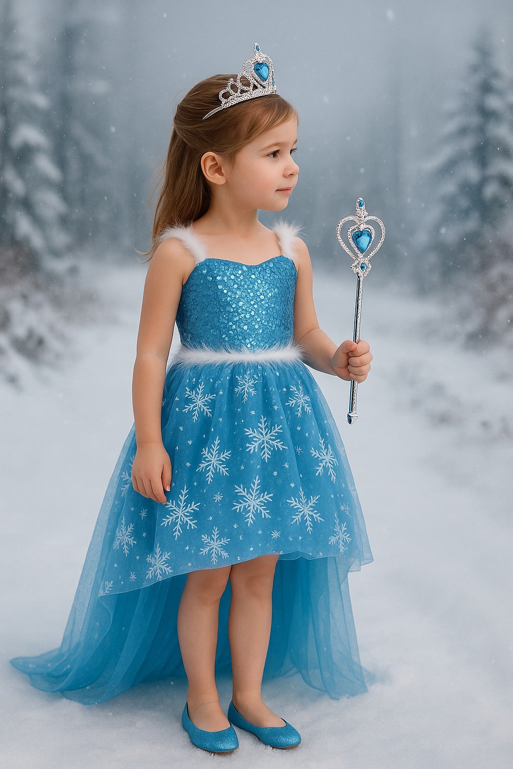Karlar Ülkesi Frozen Elsa Kostüm Kız Çocuk Ön Kısa Arka Uzun Kuyruklu Prenses Elbise