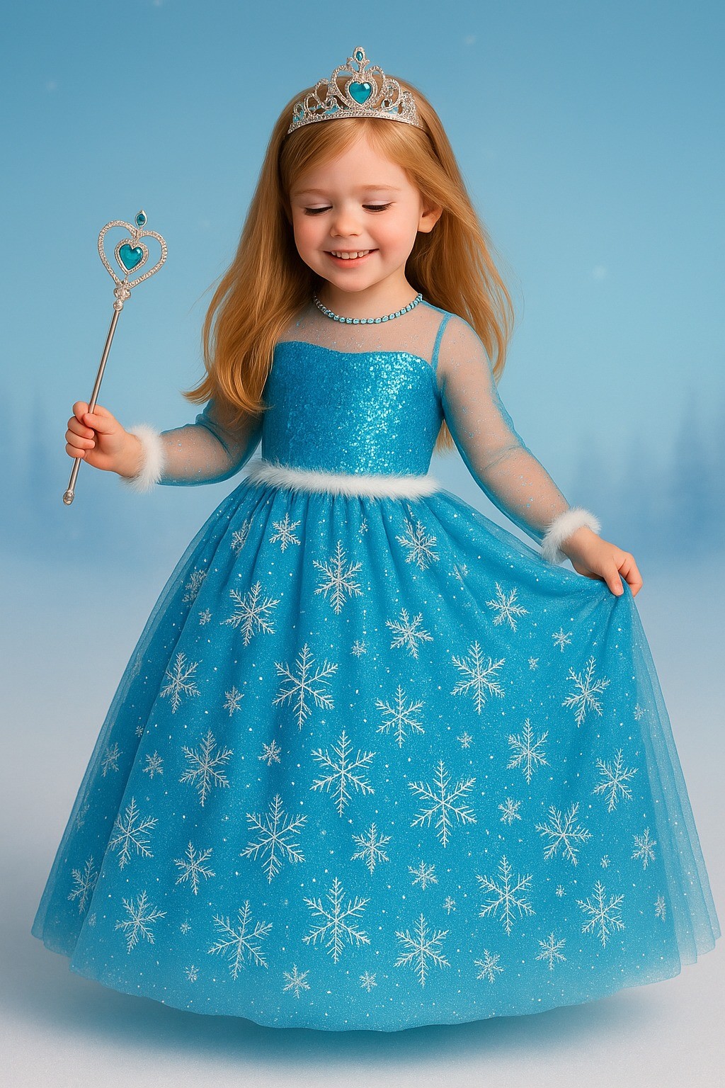 Elsa Kostüm Seti Uzun Kollu Mavi Frozen Elbise + Taç + Asa | Kız Çocuk Karlar Ülkesi Kostümü