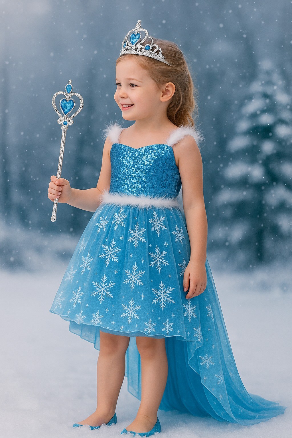 Karlar Ülkesi Frozen Elsa Kostüm Kız Çocuk Ön Kısa Arka Uzun Kuyruklu Prenses Elbise