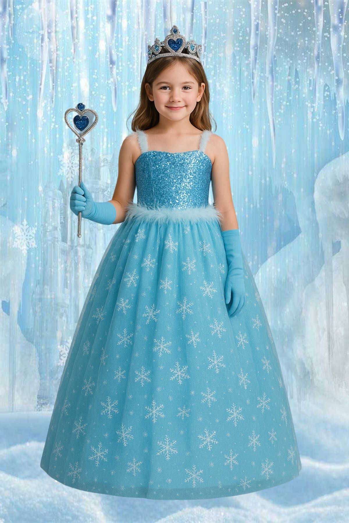 Karlar Ülkesi Frozen Elsa Askılı Kostüm Mavi Kız Çocuk Tarlatanlı Pulpayet Elbise