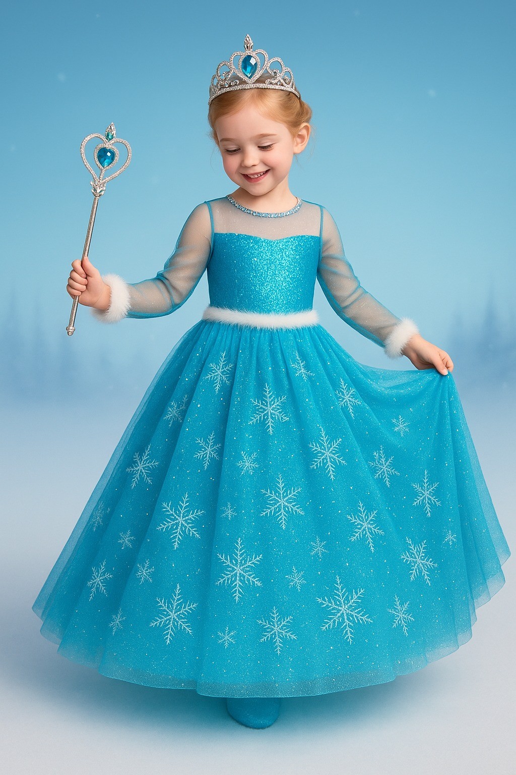 Elsa Kostüm Seti Uzun Kollu Mavi Frozen Elbise + Taç + Asa | Kız Çocuk Karlar Ülkesi Kostümü