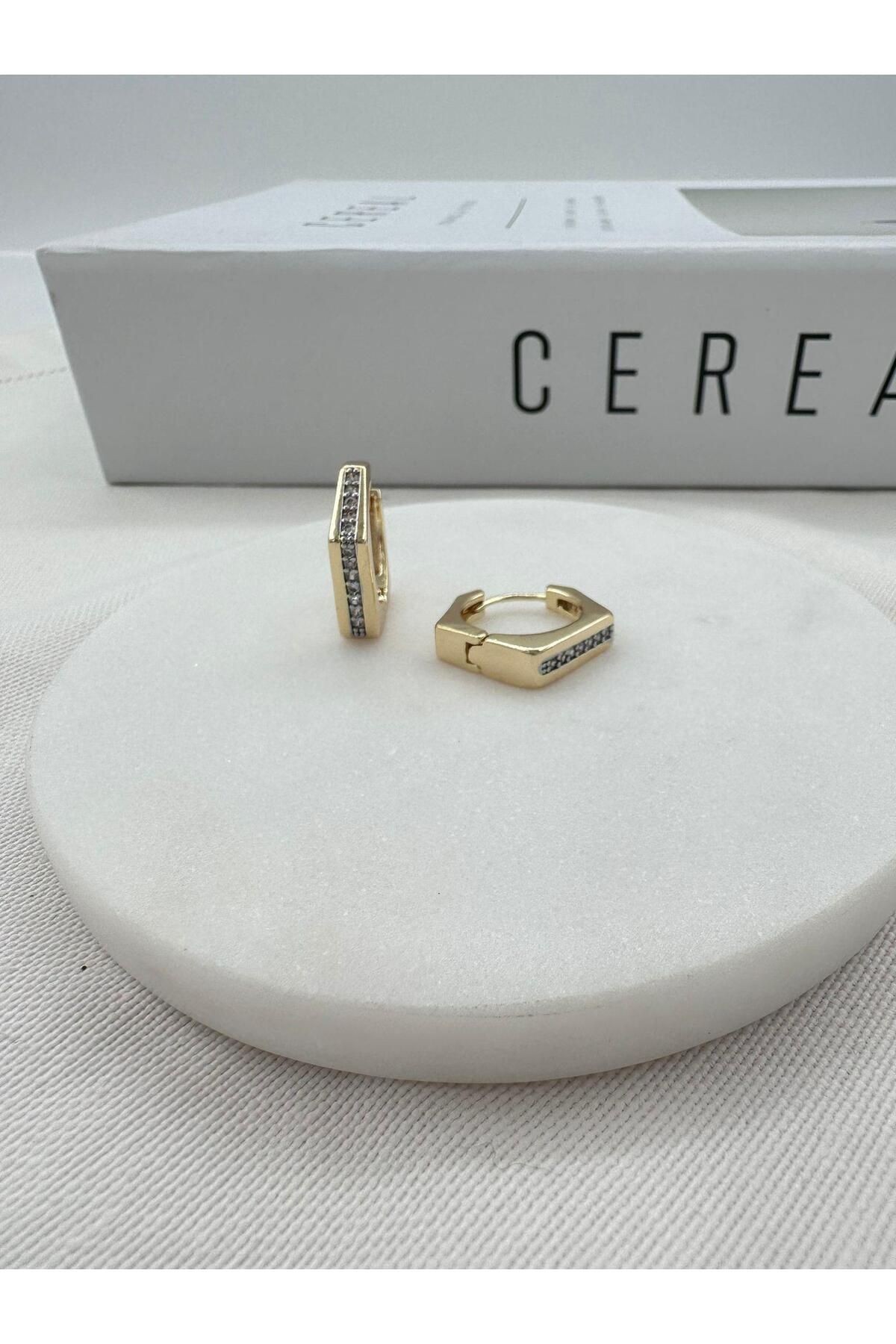 Gold Zirkon Taş Beşgen Tasarım İthal Küpe