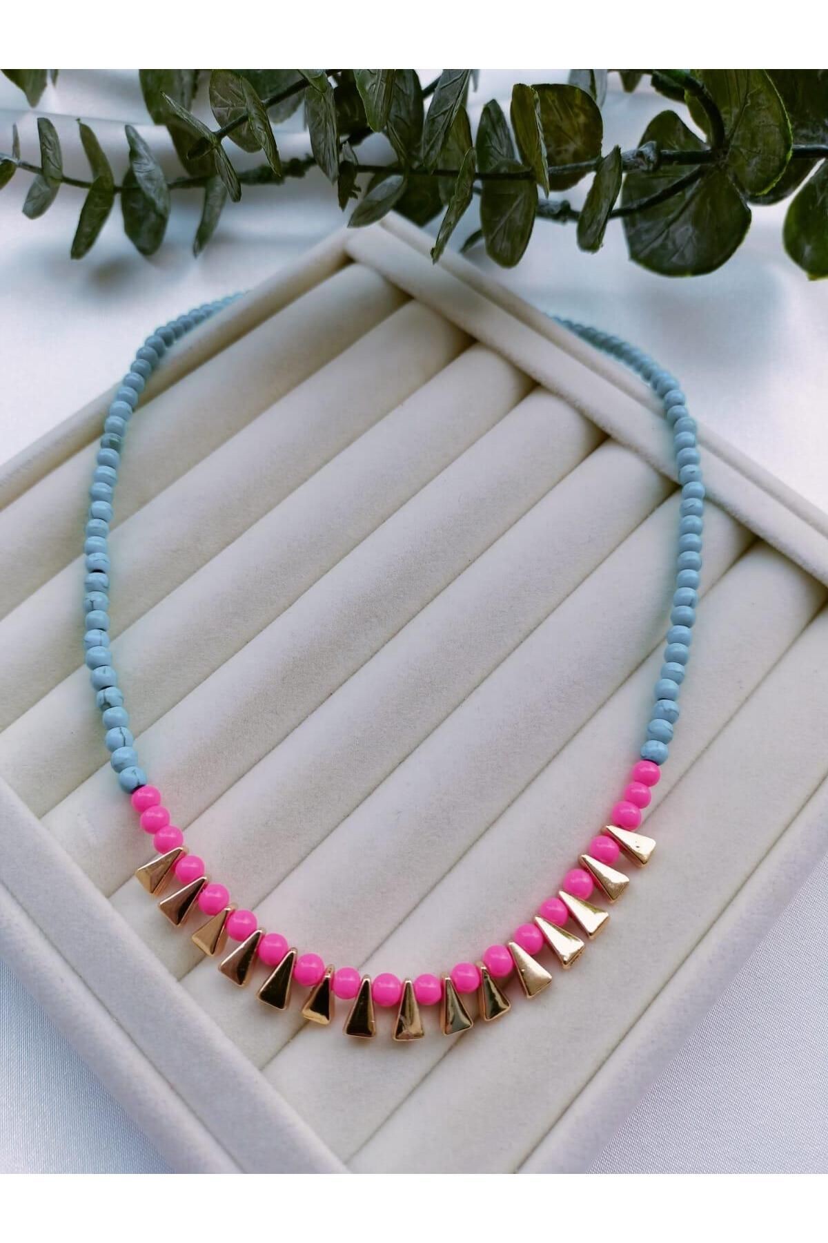 Gold Üçgen Plaka Turkuaz ve Neon Pembe Kolye