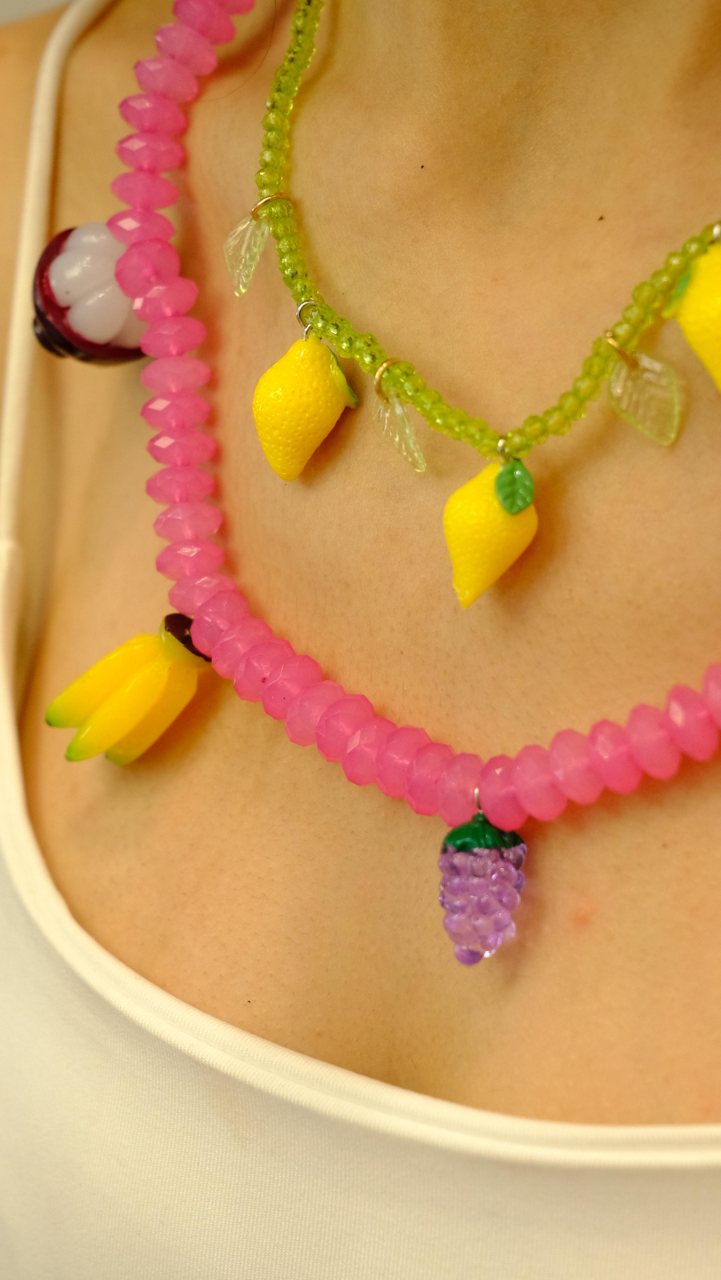 Limon Figür Pembe Kristal Boncuk Tasarım 2'li Kolye