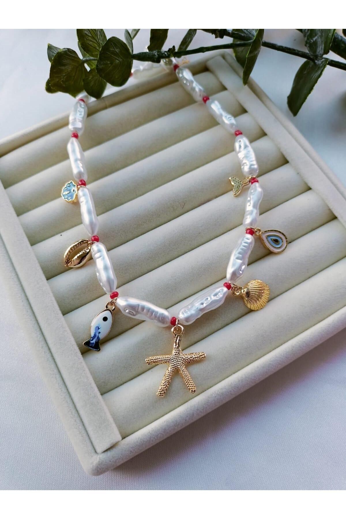 Gold Deniz Charm Detaylı Barok İnci Kolye