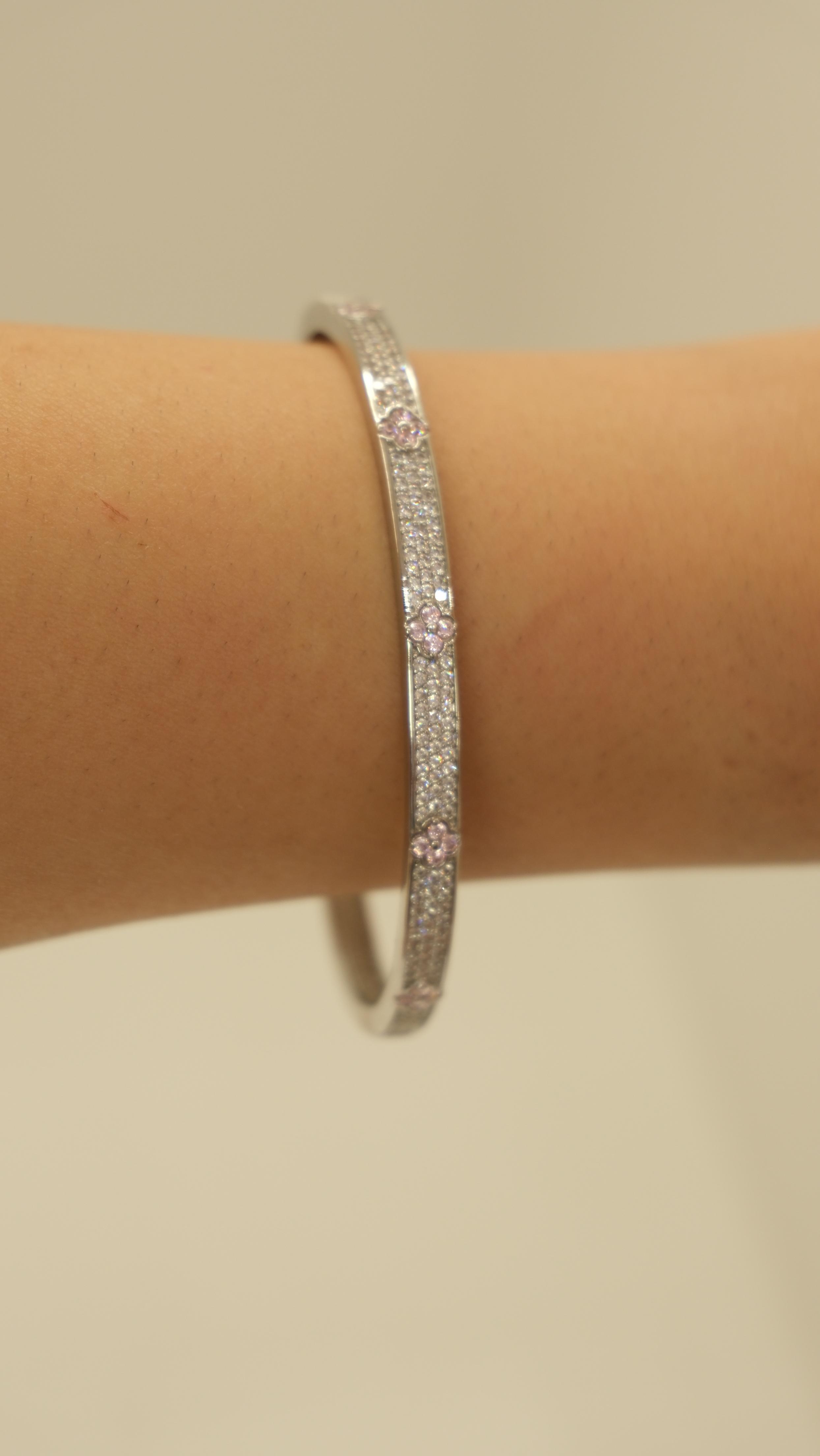 Silver Full Zirkon Taş Pembe Yonca Kelepçe Bileklik