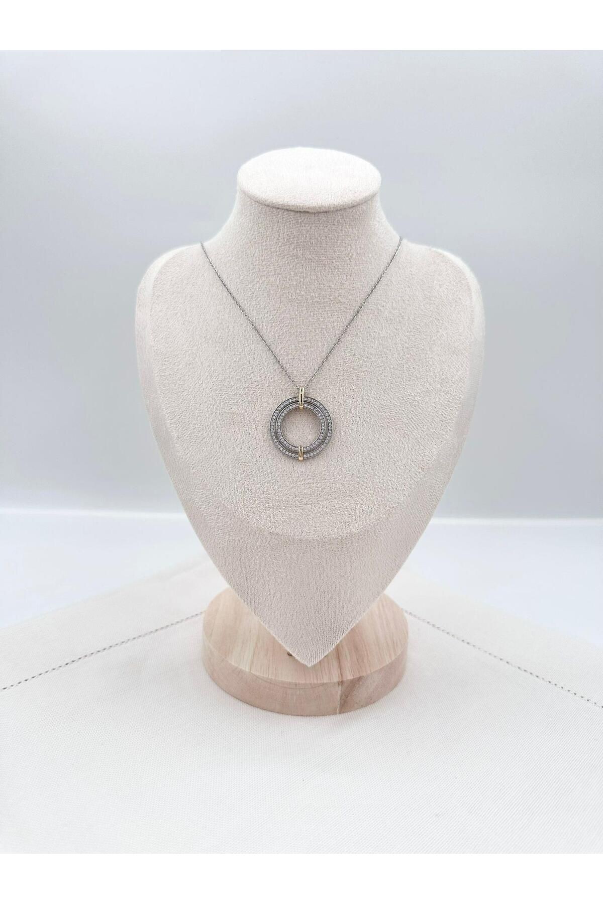 Silver Zirkon Taş İç İçe Halkalı Çelik Kolye