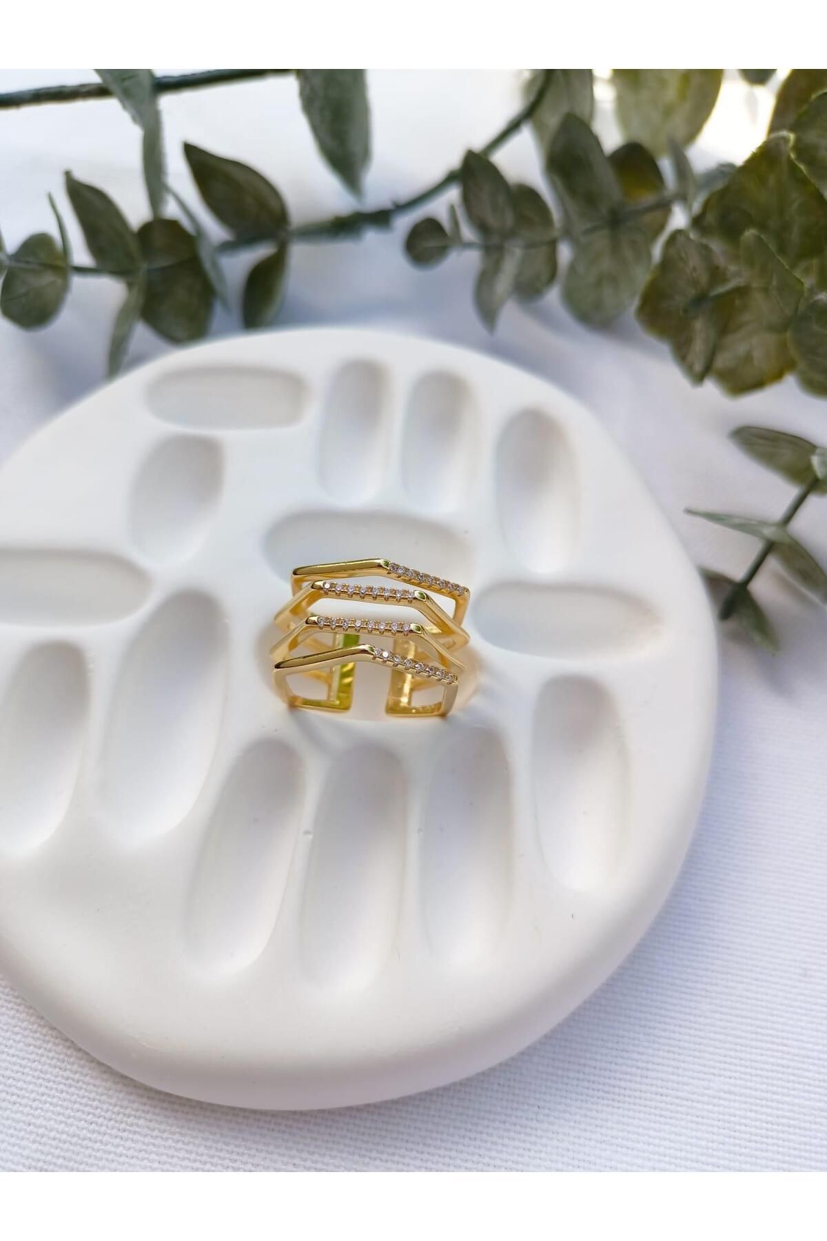 Gold Zirkon Taş Zigzag Çoklu Görünüm Yüzük