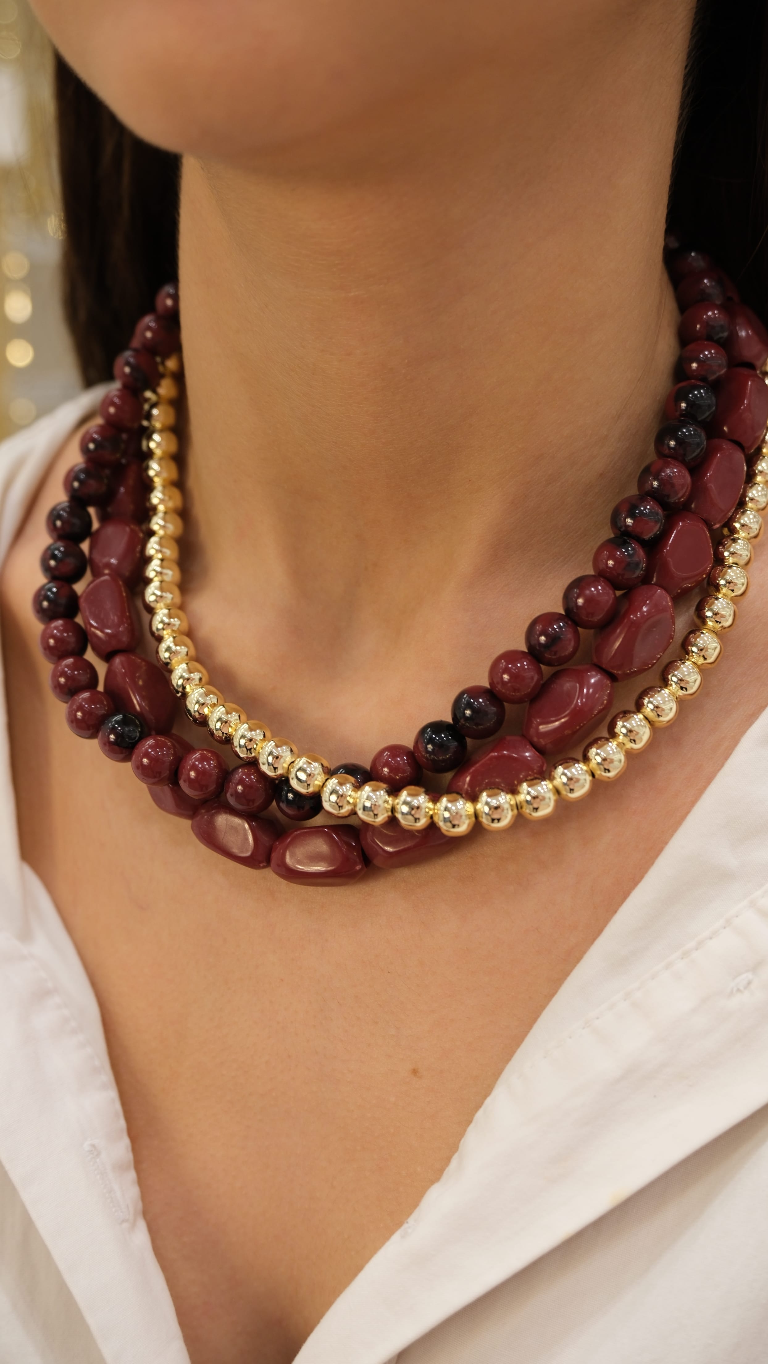 Gold Bordo Çakıl Taş Üçlü Görünüm Kolye