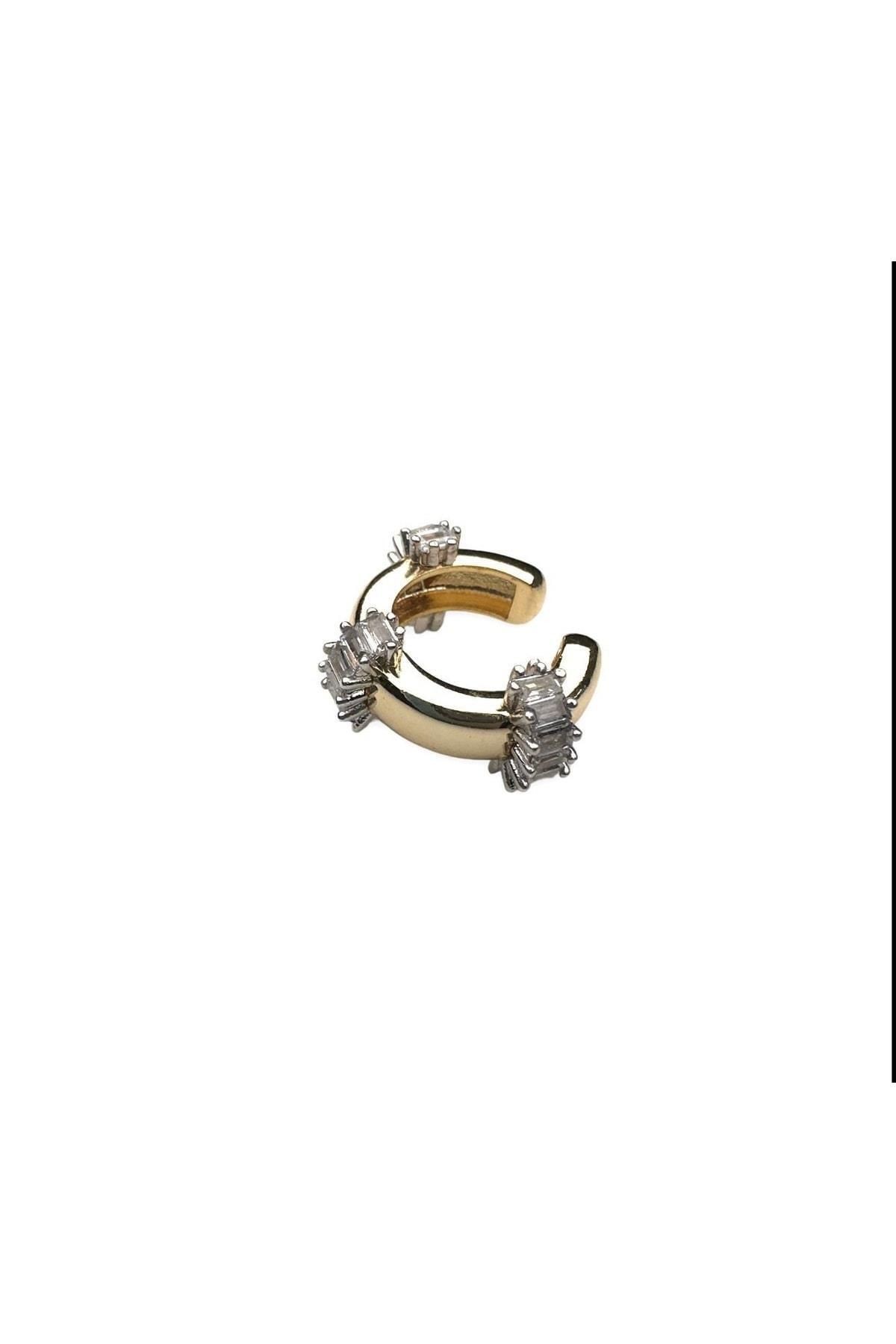 Gold Özel Seri Pirinç Kaplama Zirkon Baget Taşlı Earcuff Kıkırdak Küpe