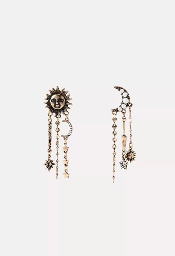 Gold Vintage İnci Detay Güneş ve Ay Tasarım Küpe