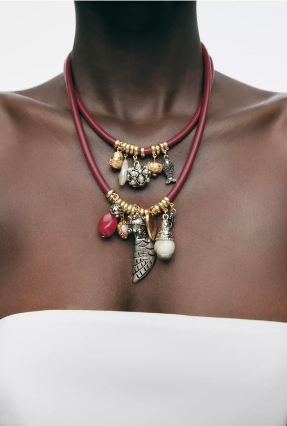 Bordo Kordon Charm Detaylı İkili Tasarım Kolye