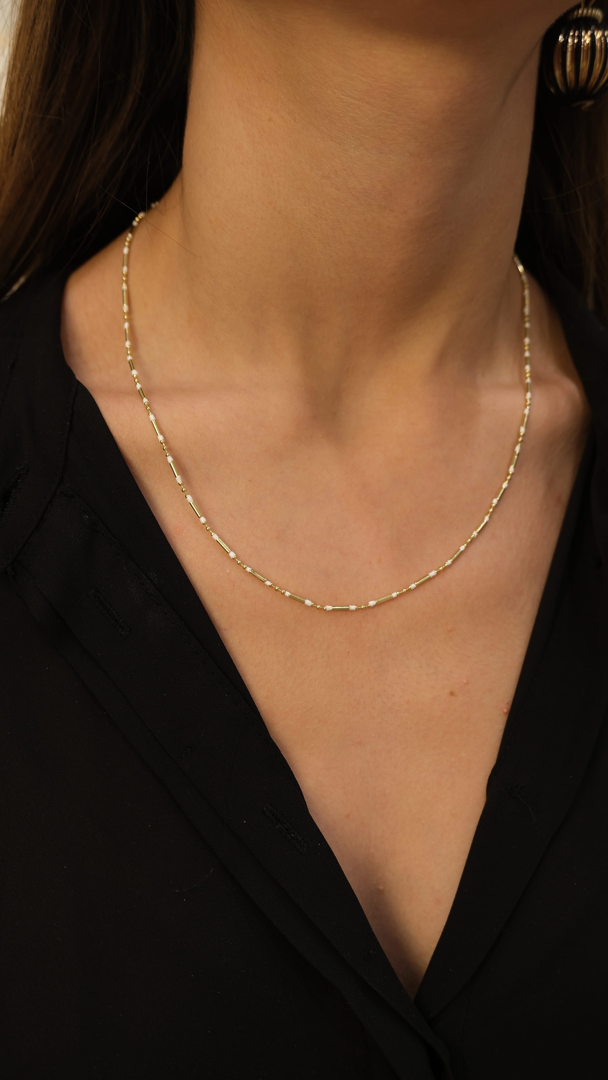 Gold 14k Renkli Mineli İnce Boru Kolye - beyaz
