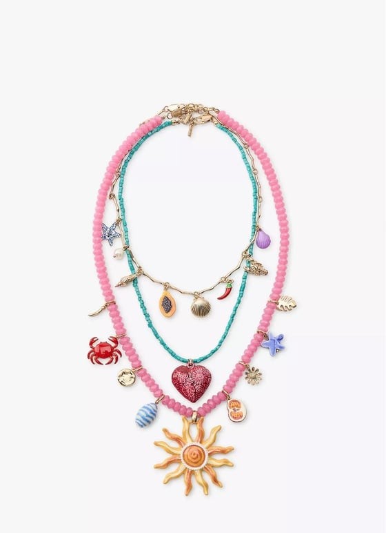 Pembe Charm Detaylı Üçlü Tasarım Kolye Seti