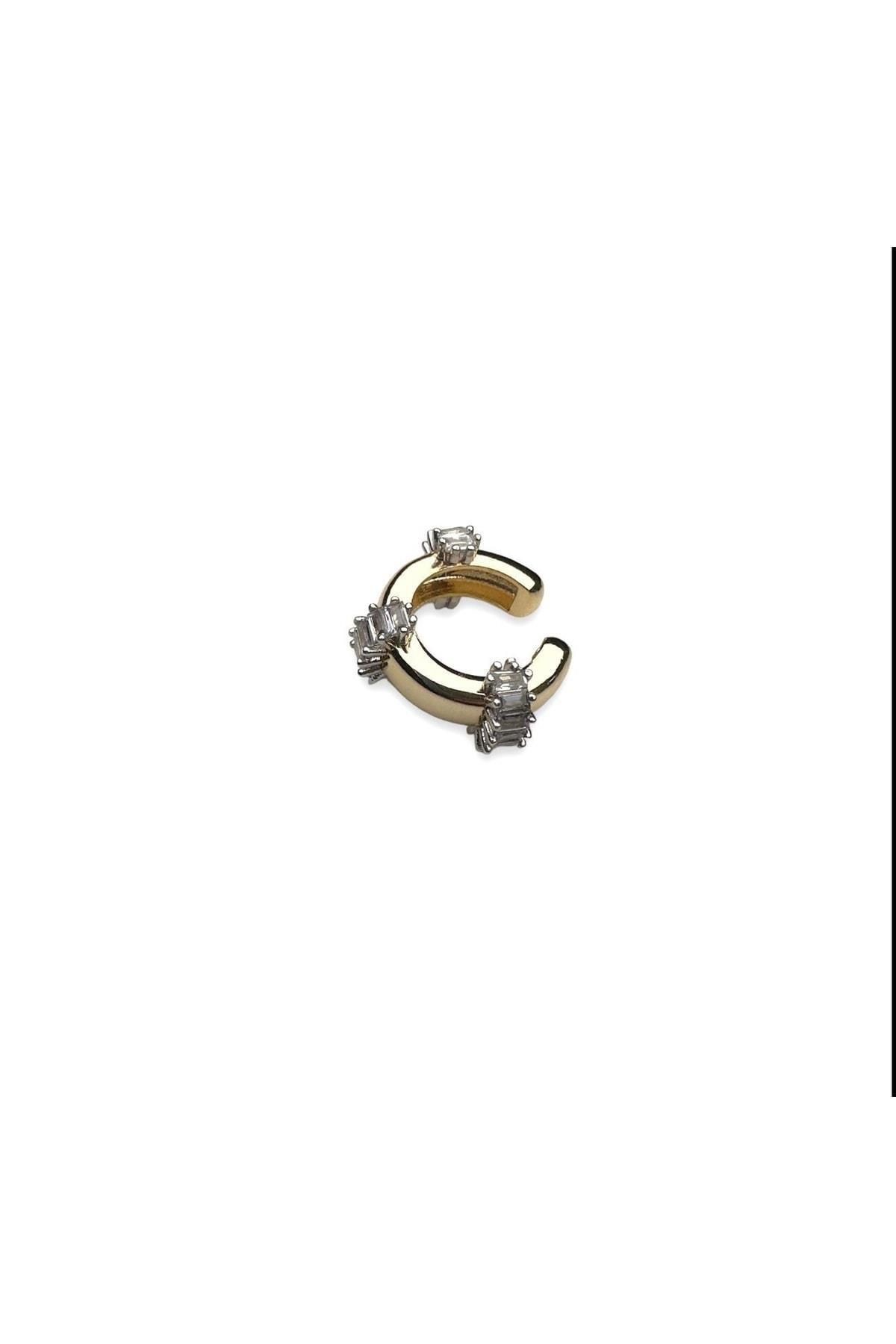 Gold Özel Seri Pirinç Kaplama Zirkon Baget Taşlı Earcuff Kıkırdak Küpe