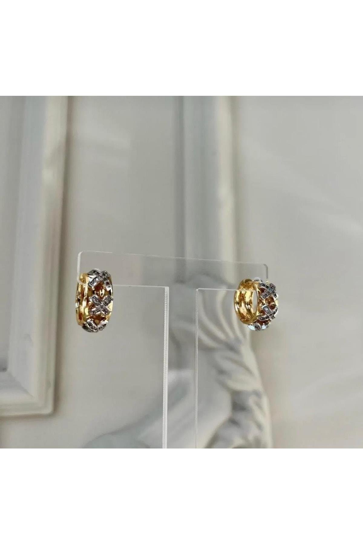 Gold Silver Zirkon Taş Tiff X Seri Halka Küpe Kararmayan Küpe