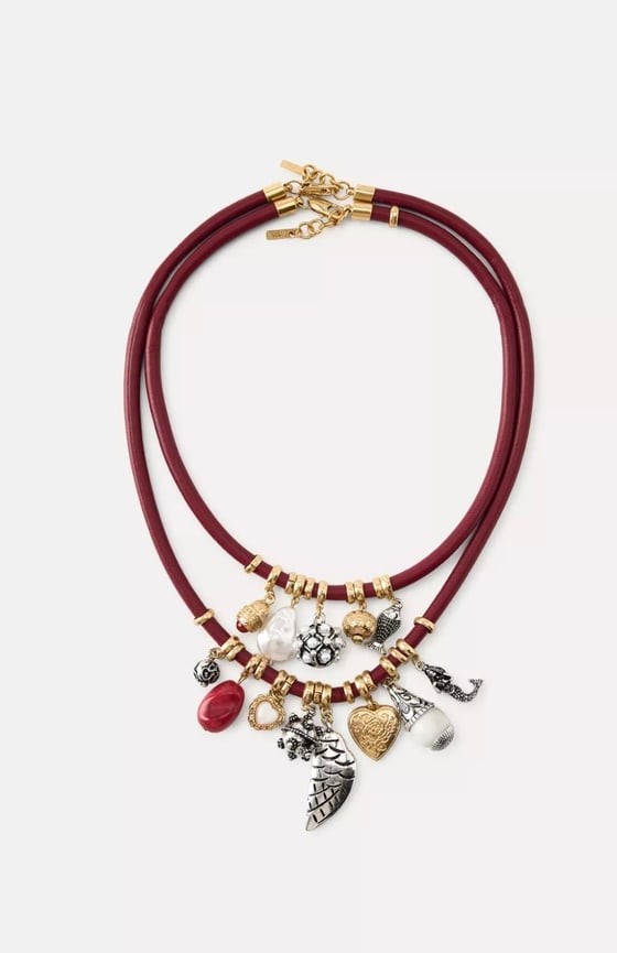 Bordo Kordon Charm Detaylı İkili Tasarım Kolye