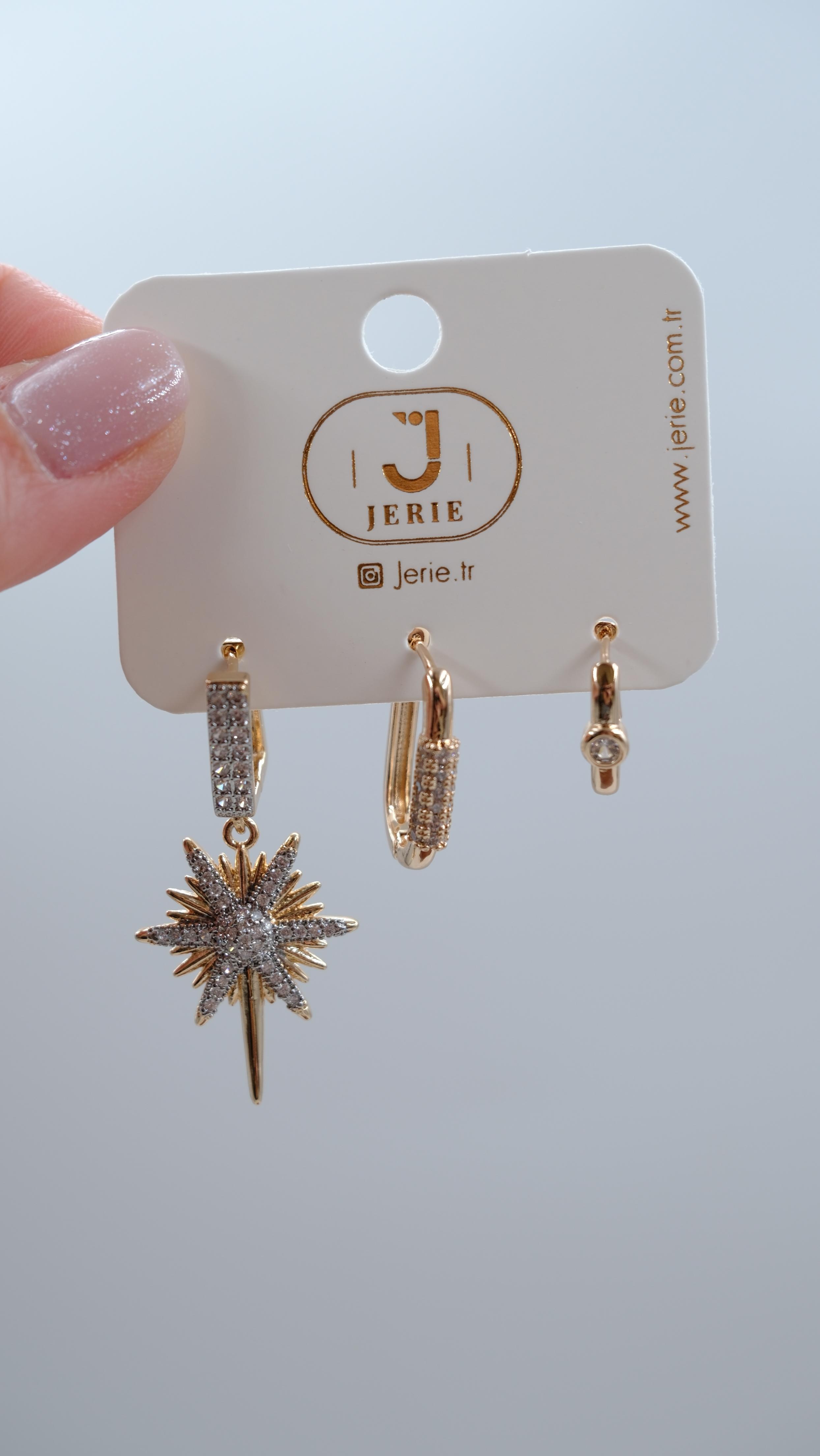 Gold Zirkon Taş Şimal Yıldızı 3'lü Küpe Seti