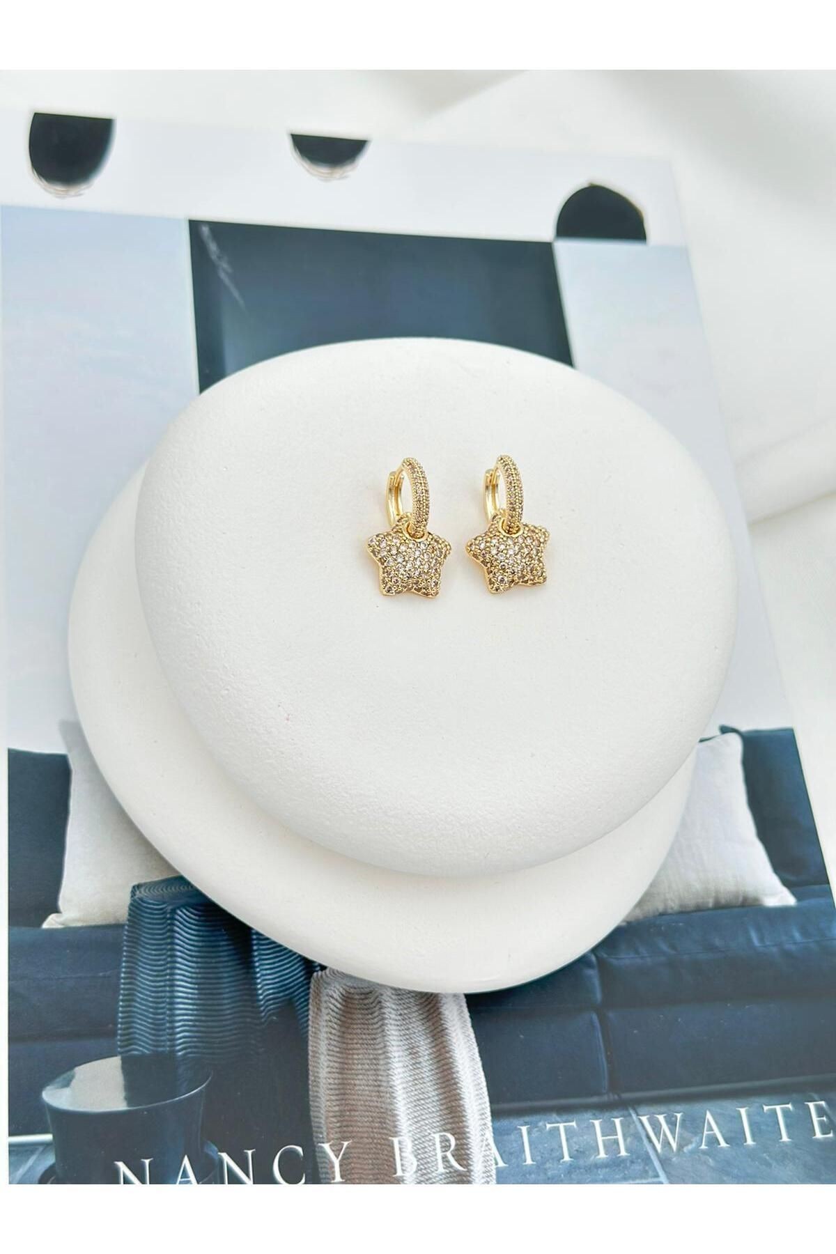 Özel Seri Gold Silver Zirkon Taşlı Yıldız Figür Trend Sallantılı Küpe
