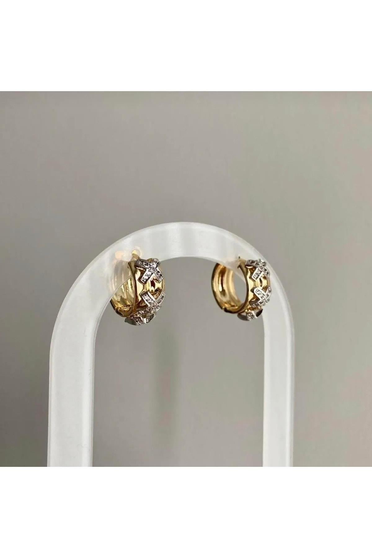 Gold Silver Zirkon Taş Tiff X Seri Halka Küpe Kararmayan Küpe