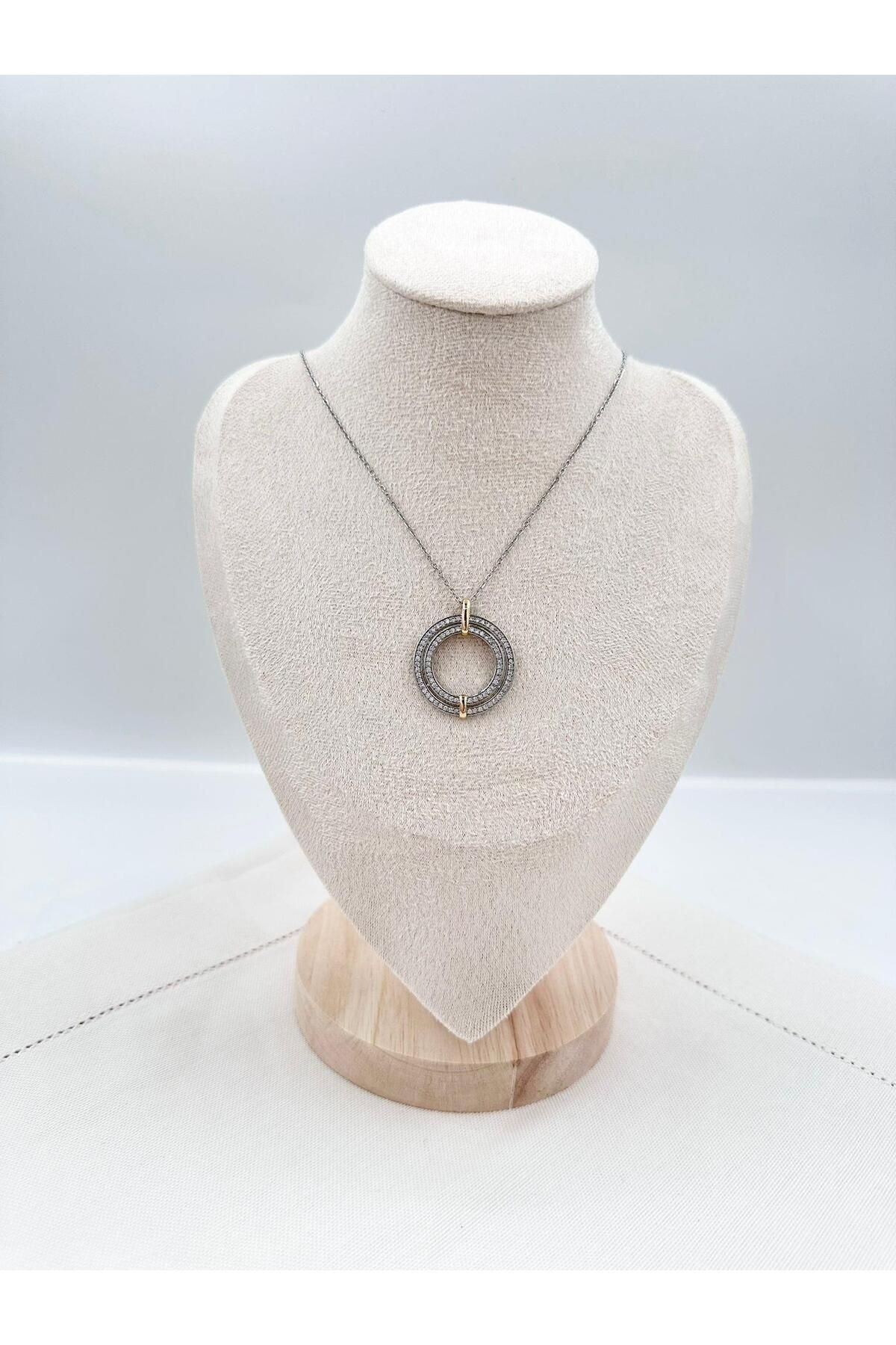 Silver Zirkon Taş İç İçe Halkalı Çelik Kolye