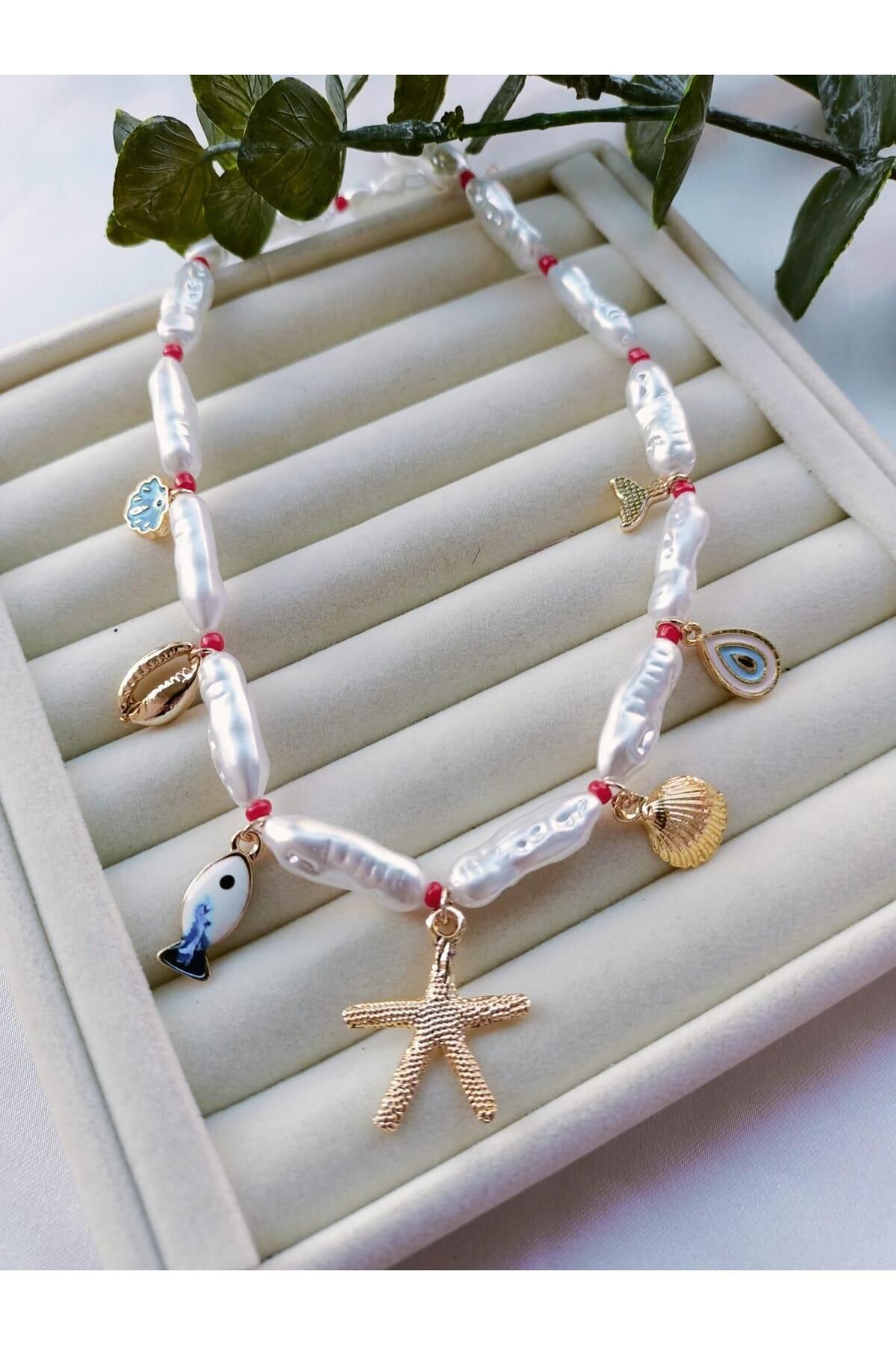 Gold Deniz Charm Detaylı Barok İnci Kolye
