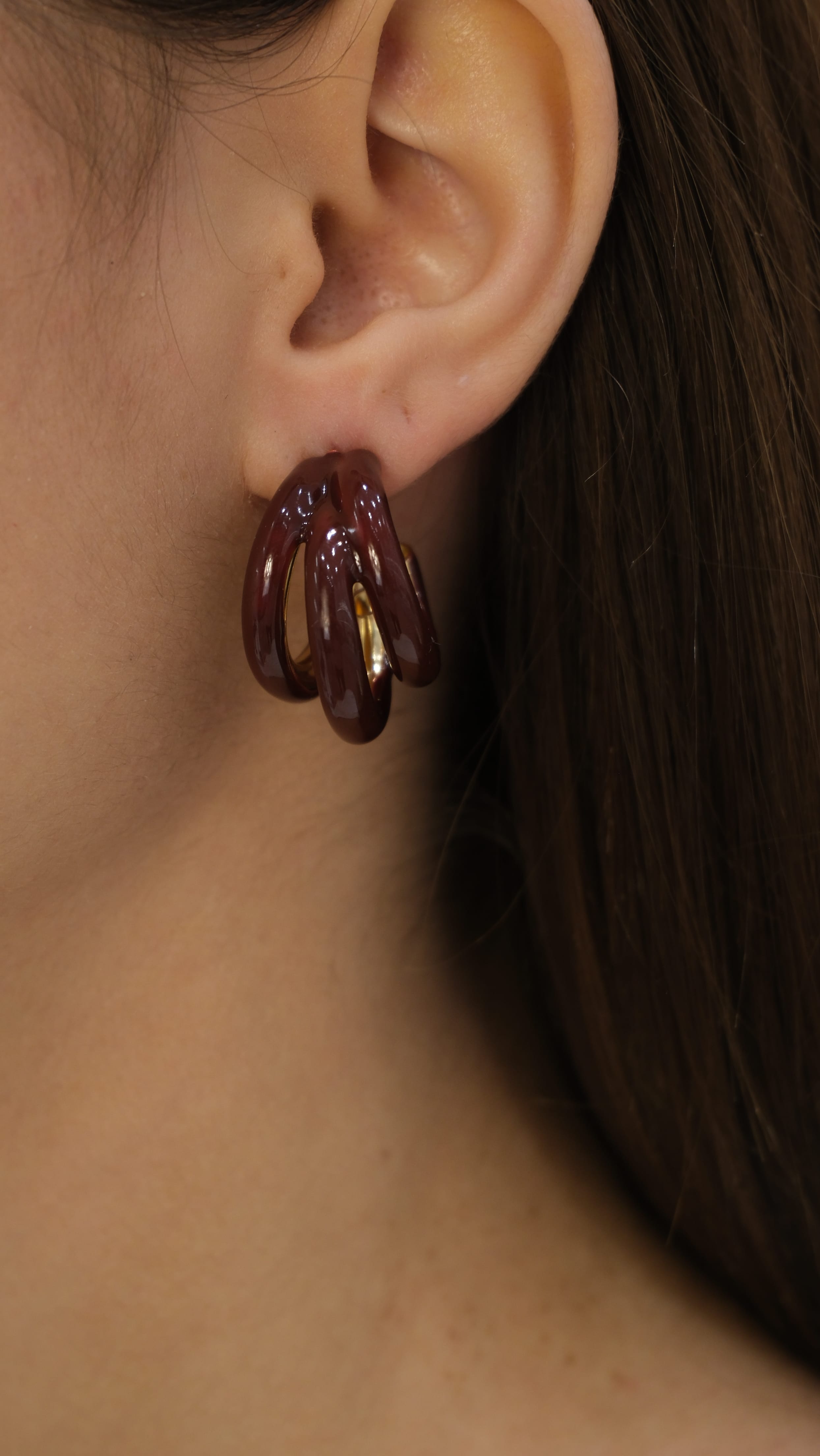 Bordo Üçlü Görünüm Halka Küpe