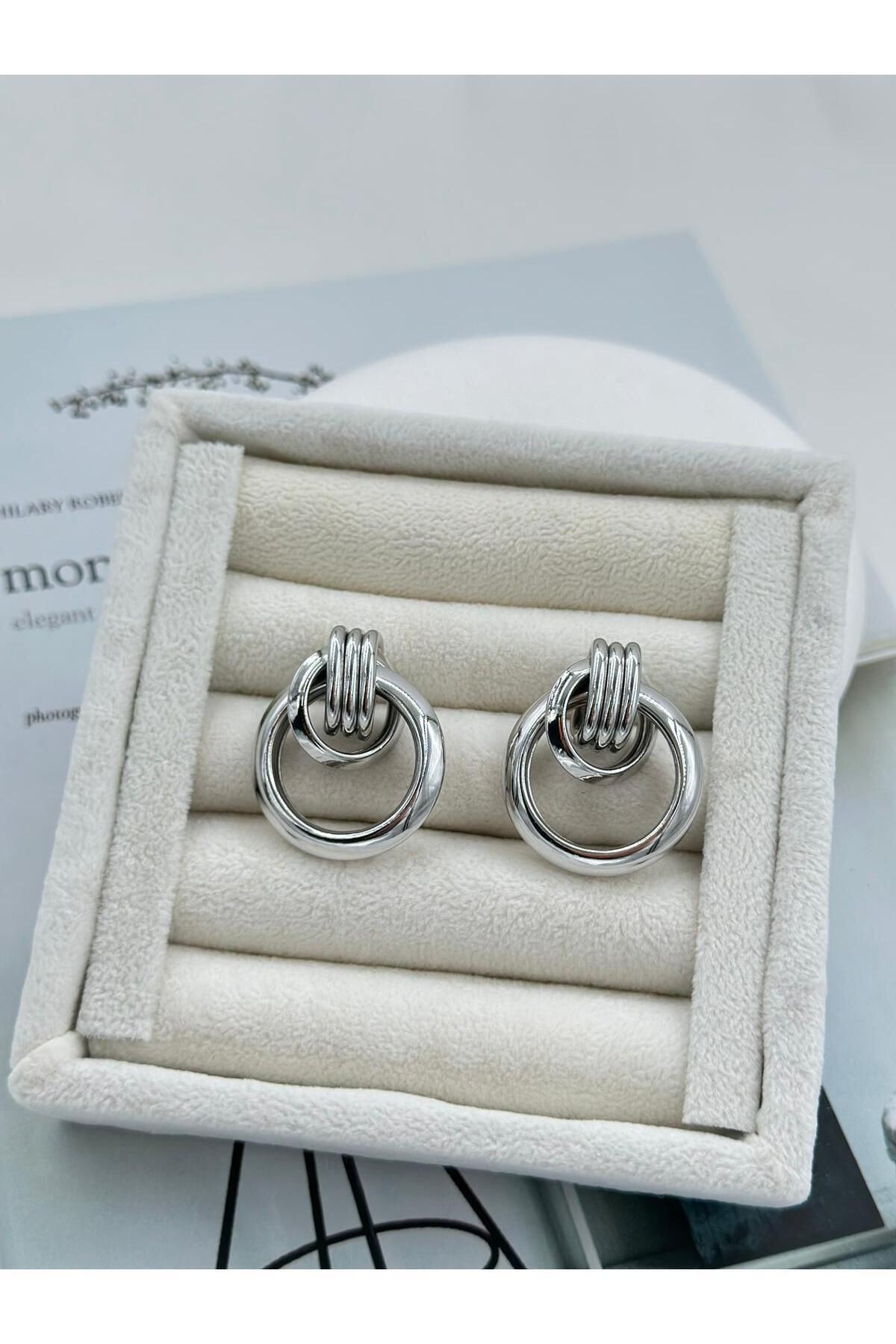 Özel Seri Gold ve Silver İç İçe Plaka Halka Trend Küpe