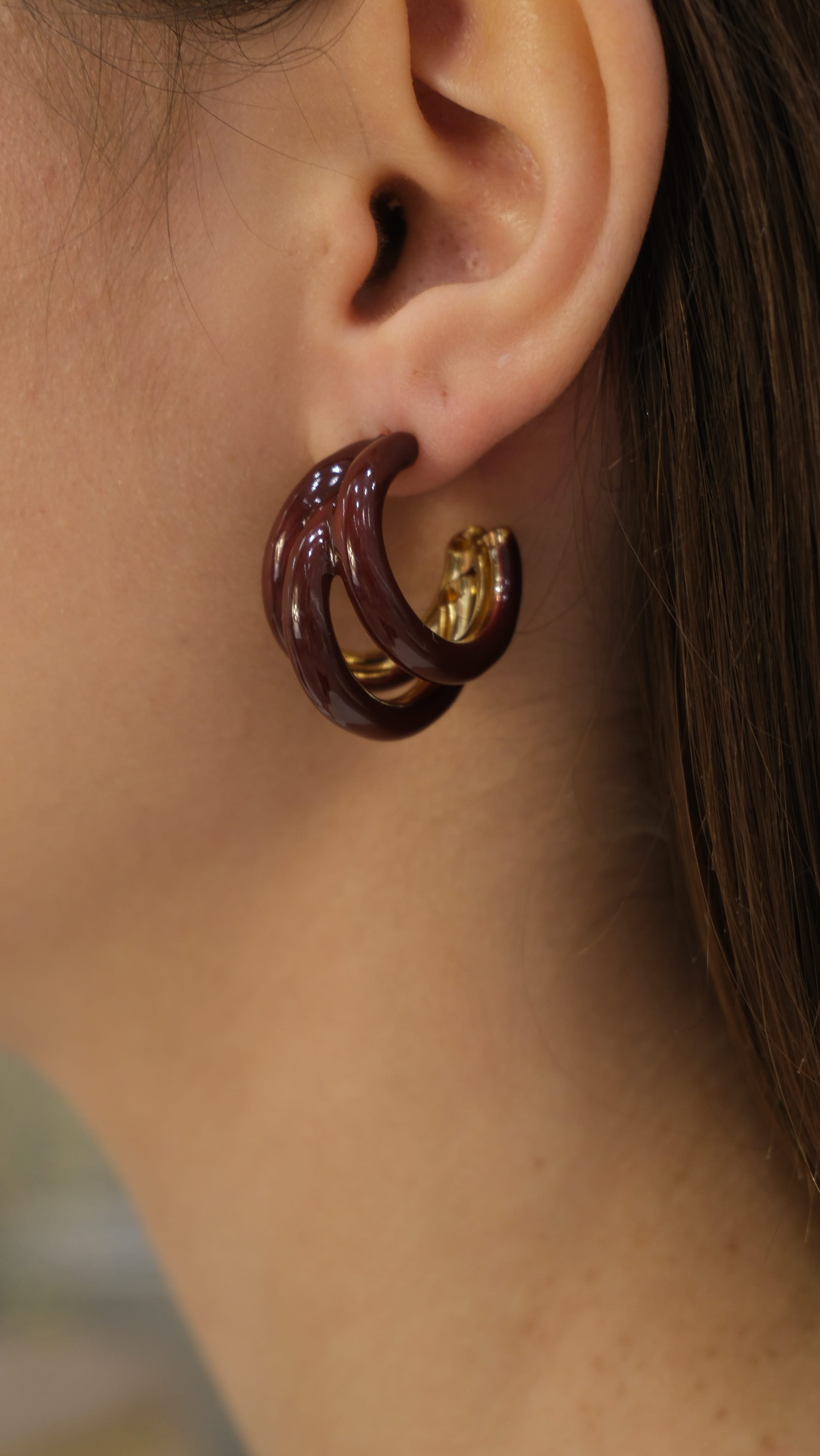 Bordo Üçlü Görünüm Halka Küpe