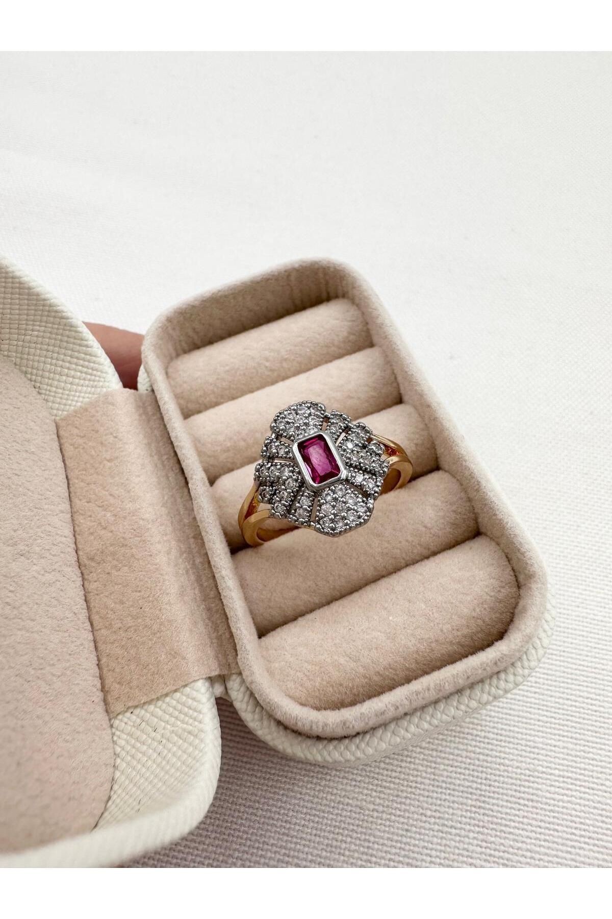 Gold Silver Bordo Taş Detaylı Vintage Yüzük