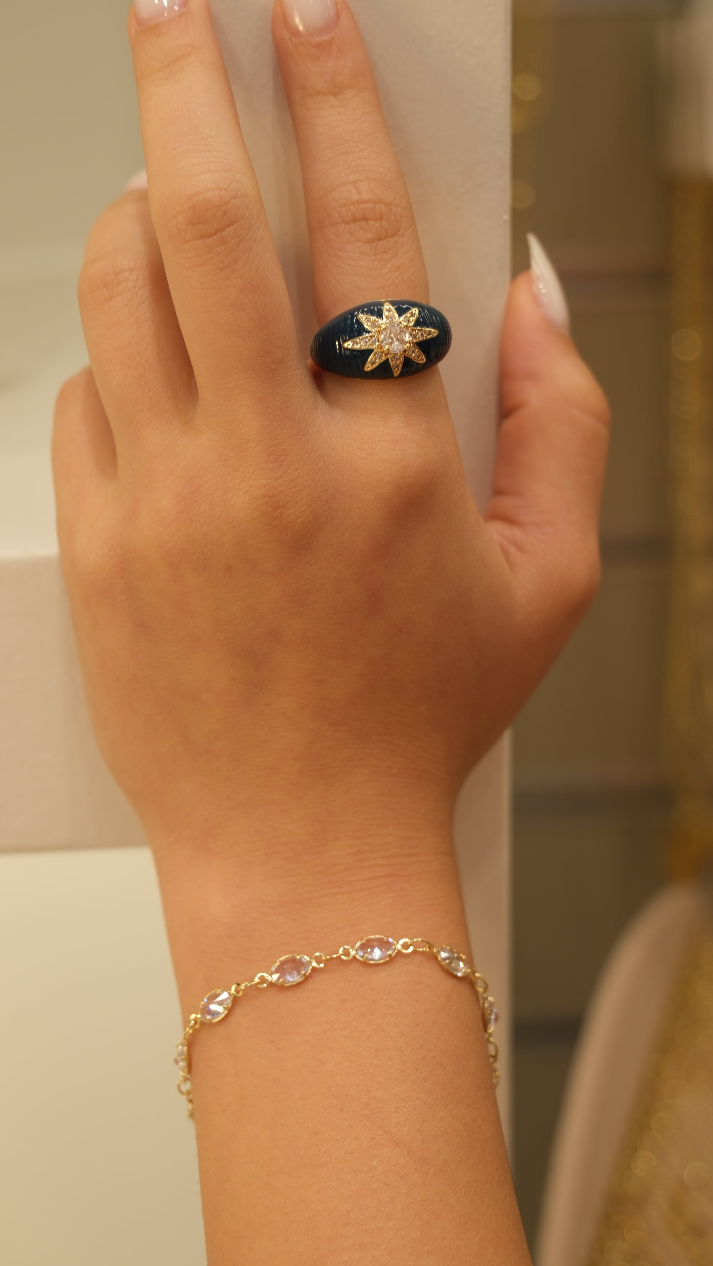 Mavi Mineli Kuzey Yıldızı Detay Ayarlanabilir Yüzük