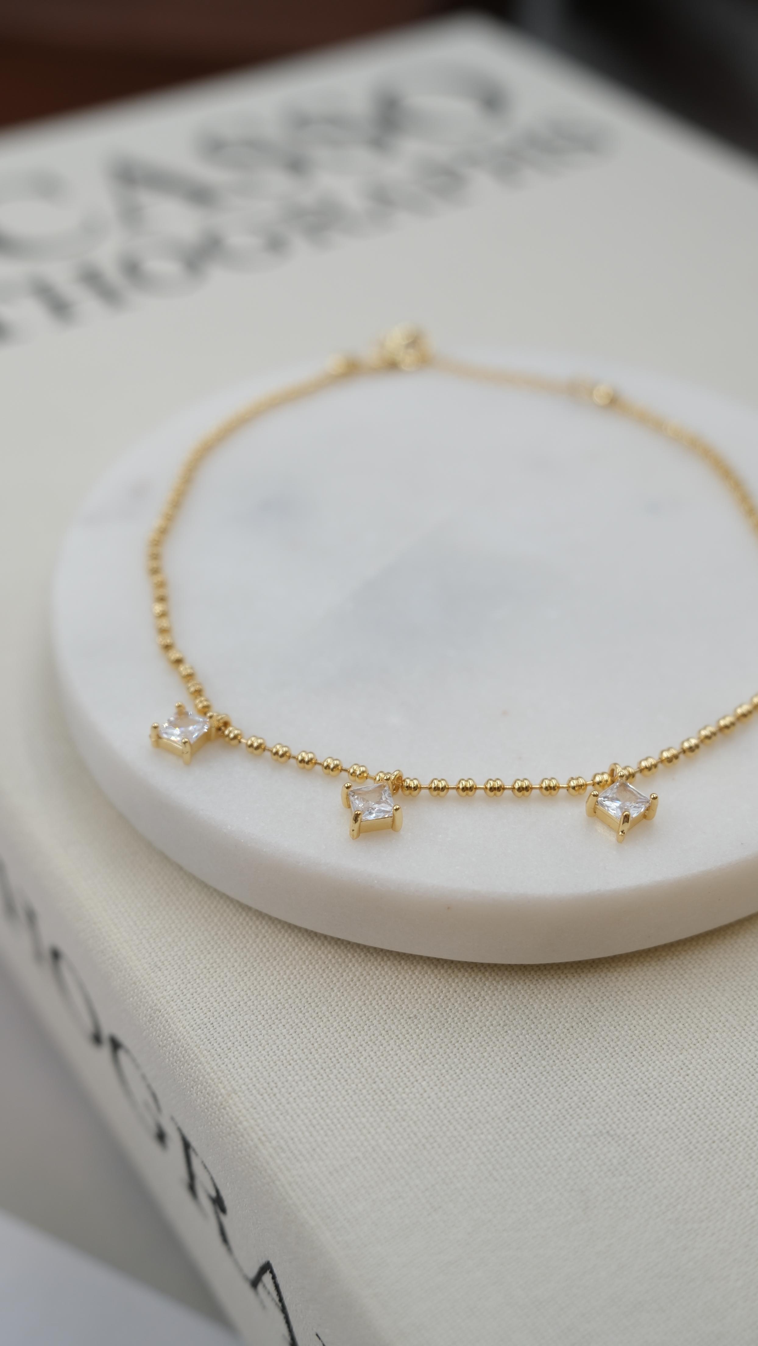 Gold Kare Taş Detaylı Topçuk Zincir Halhal