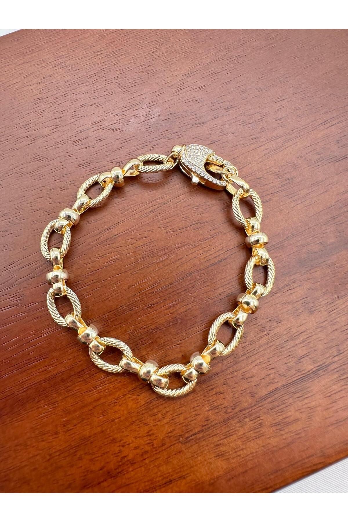 Gold 14k Kaplama Taşlı Kapama İri Halka Zincir Bileklik