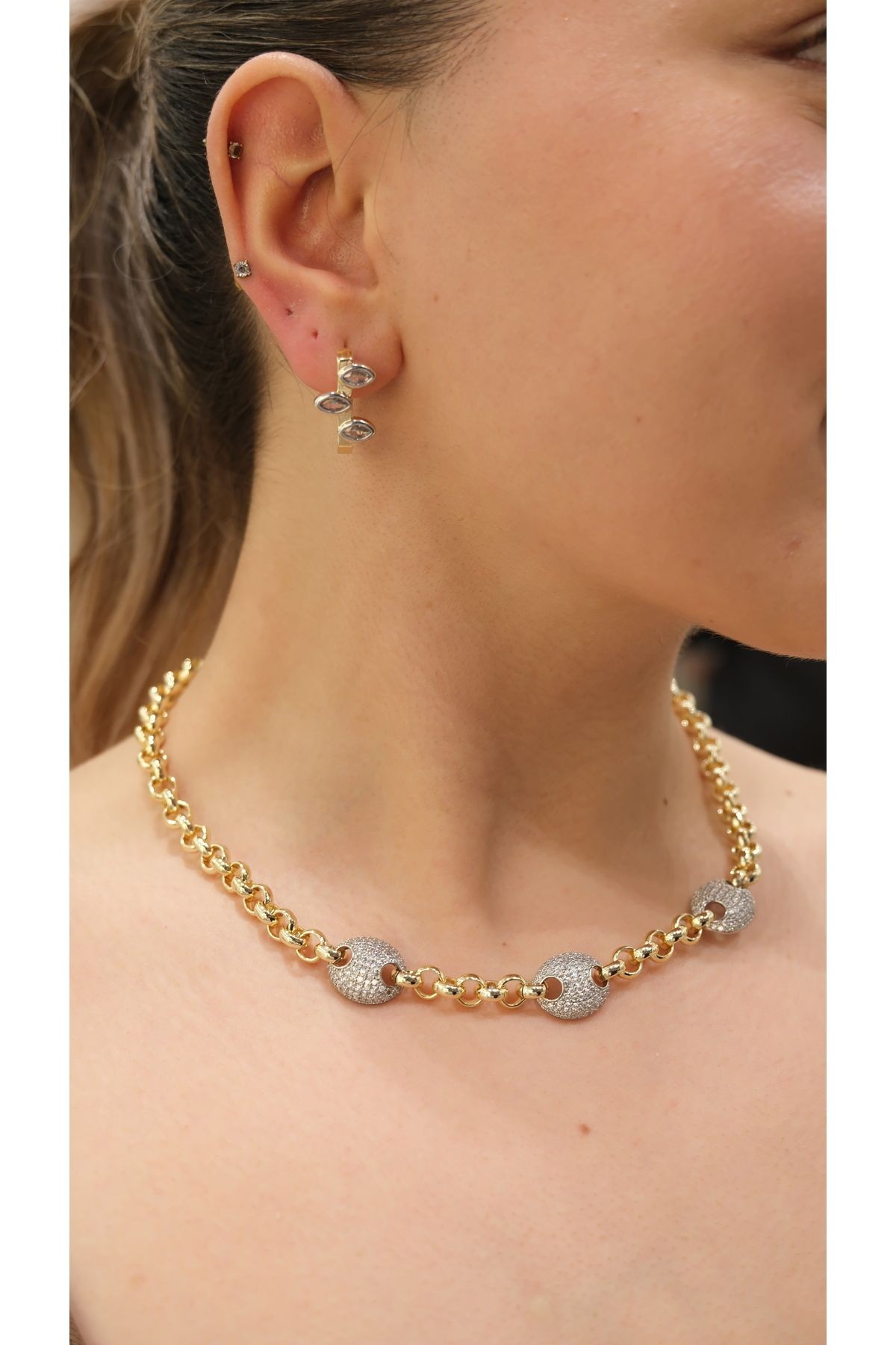 Gold Üçlü Badem Zirkon Taşı Özel Seri 14k Kolye