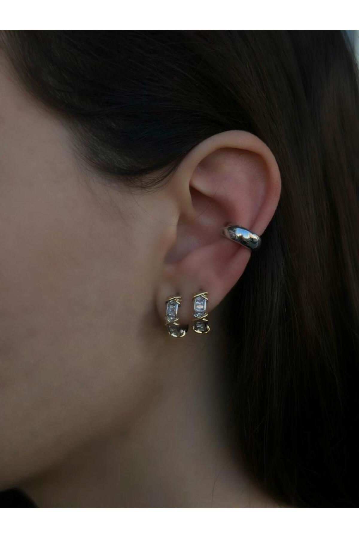 Gold ve Silver Düz Plaka Pirinç Kaplama Earcuff Kıkırdak Trend Küpe