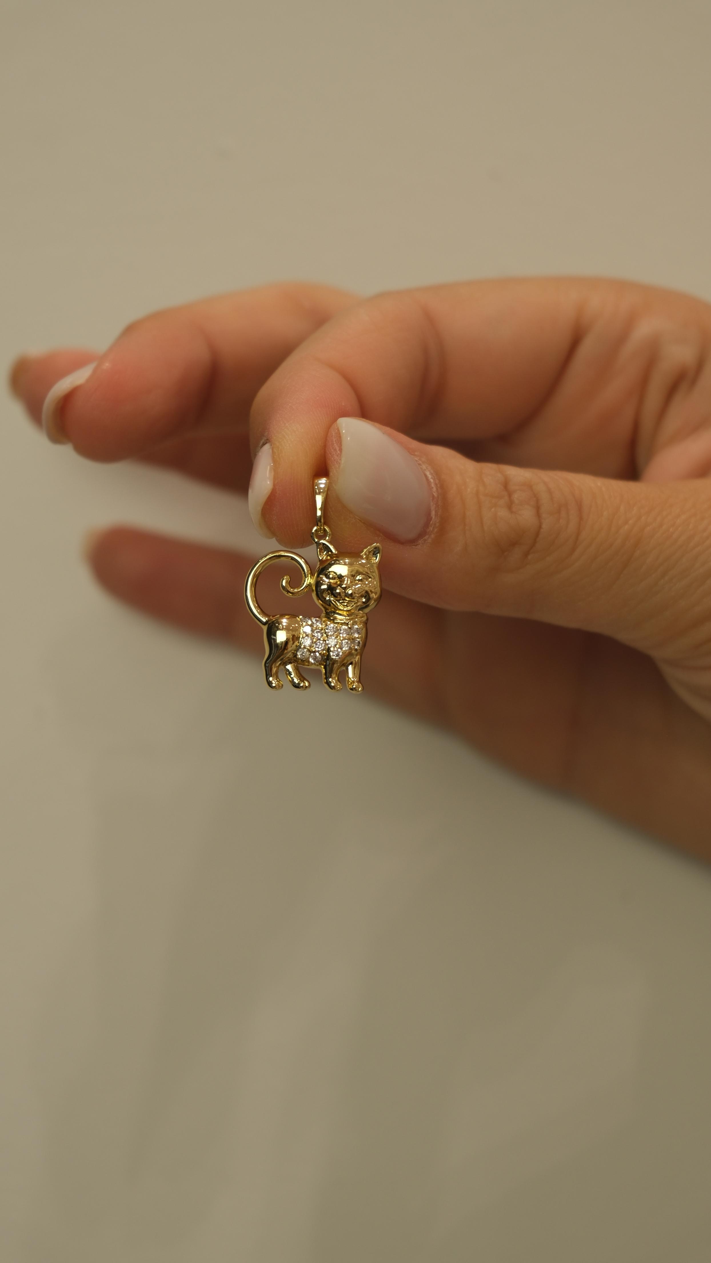 Gold Zirkon Taş Kedi Figür Kolye Ucu
