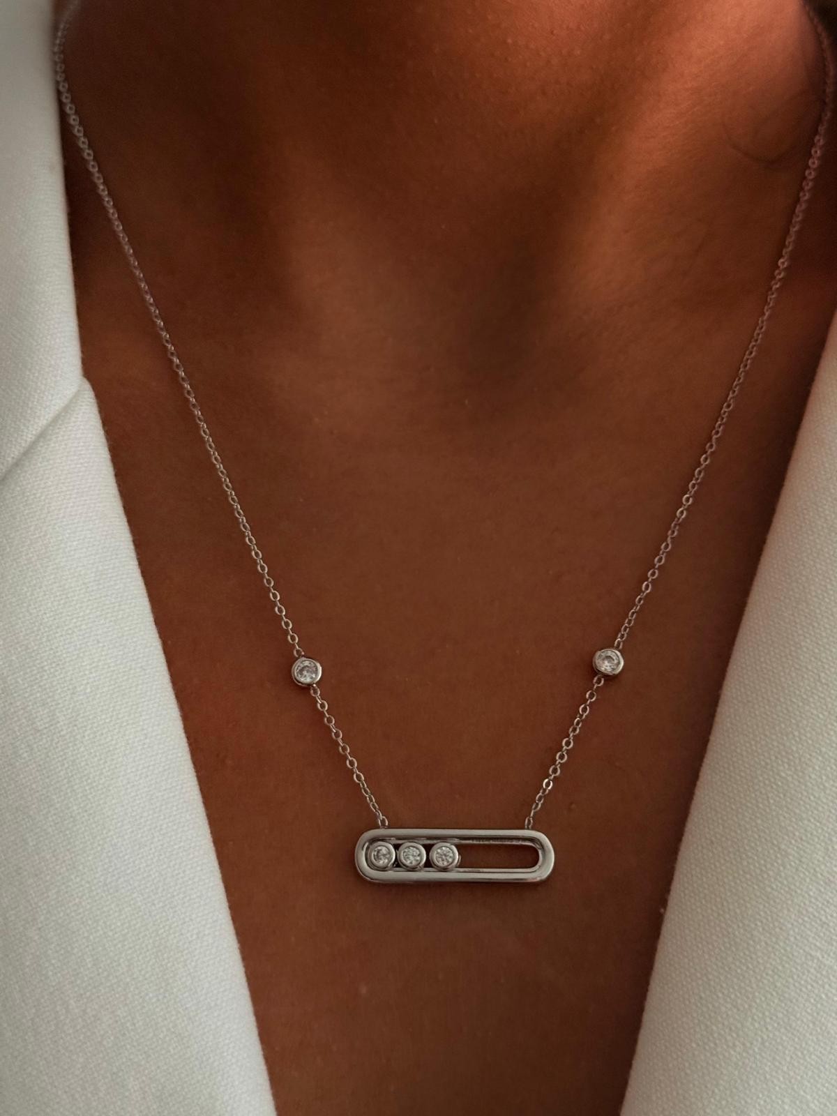 Üç Taş Detaylı Mess Kolye - Silver