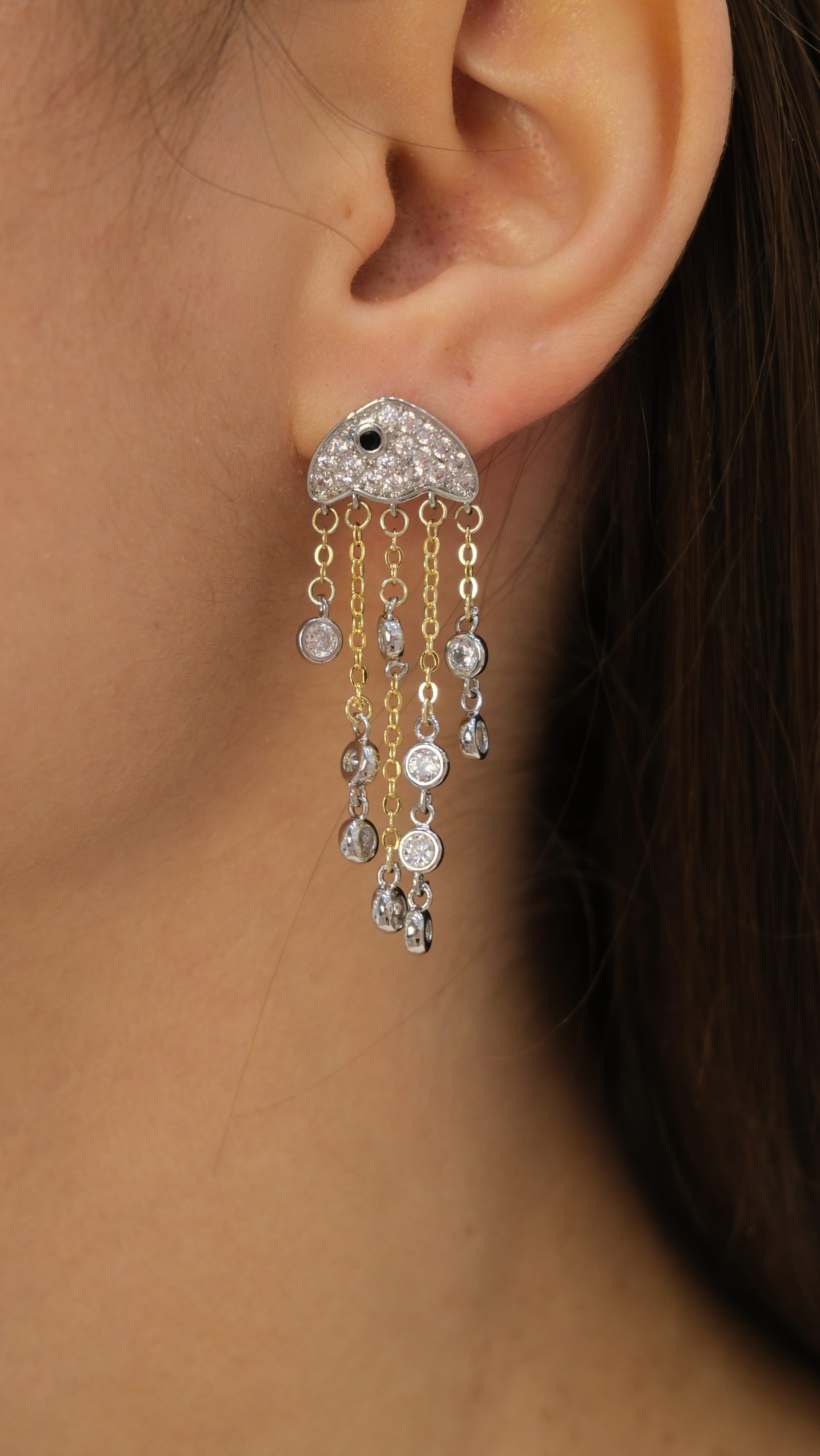 Mix Renk Zirkon Taş Zincir Detay Tasarım Küpe